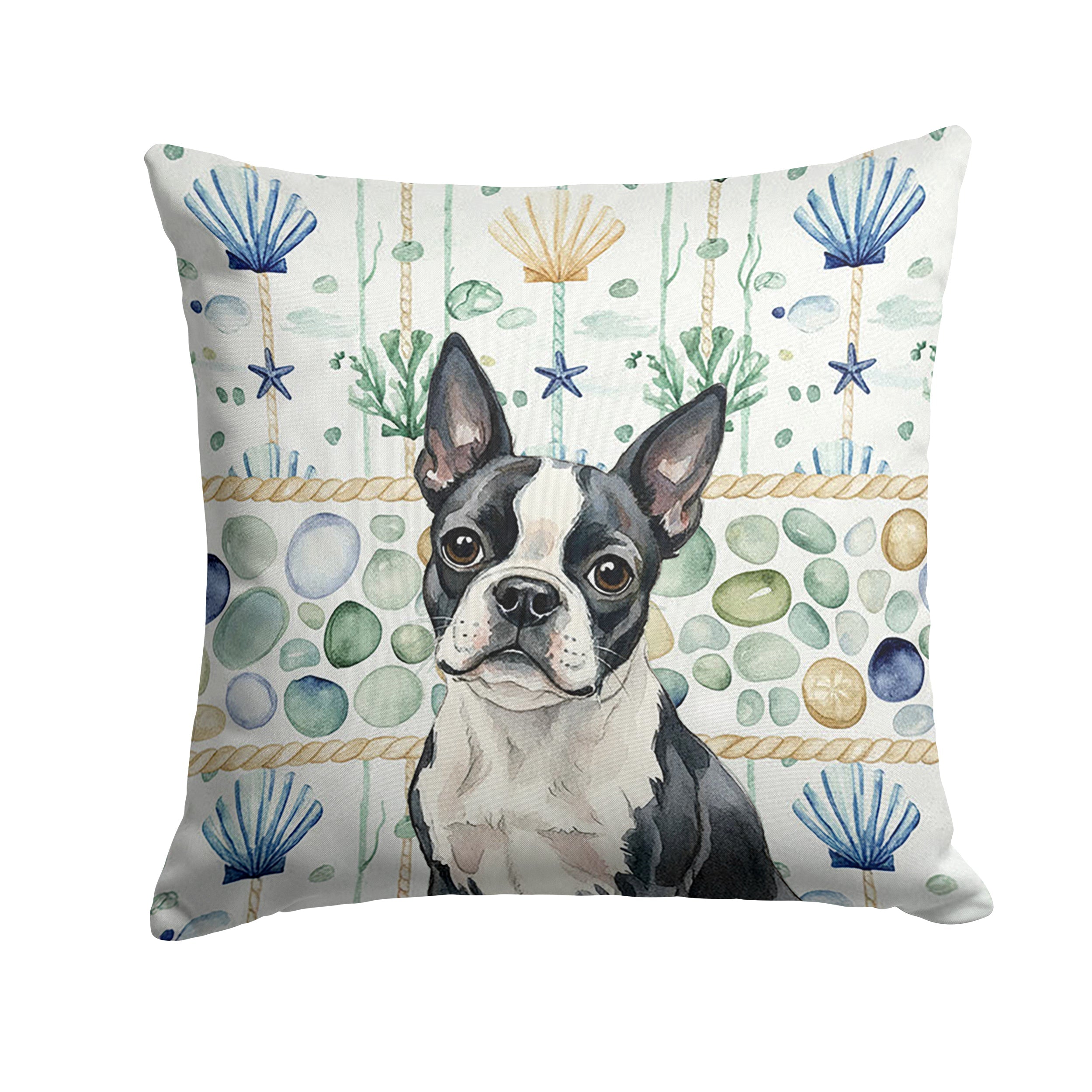 Boston Terrier Coastal Sea Glass Decorative Throw Pillow 18x18 Indoor Outdoor Accent Cushion, Fabric Cover with Insert for Sofa, Bed, Porch & Living Room