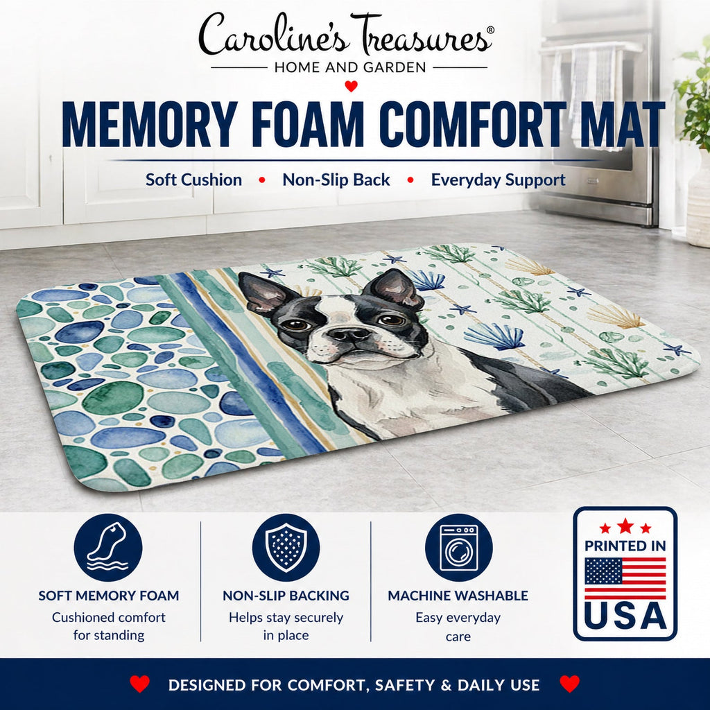 Boston Terrier Coastal Sea Glass Memory Foam Kitchen Mat Machine Washable Anti-Fatigue Cushion Comfort Bath or Kitchen Rug