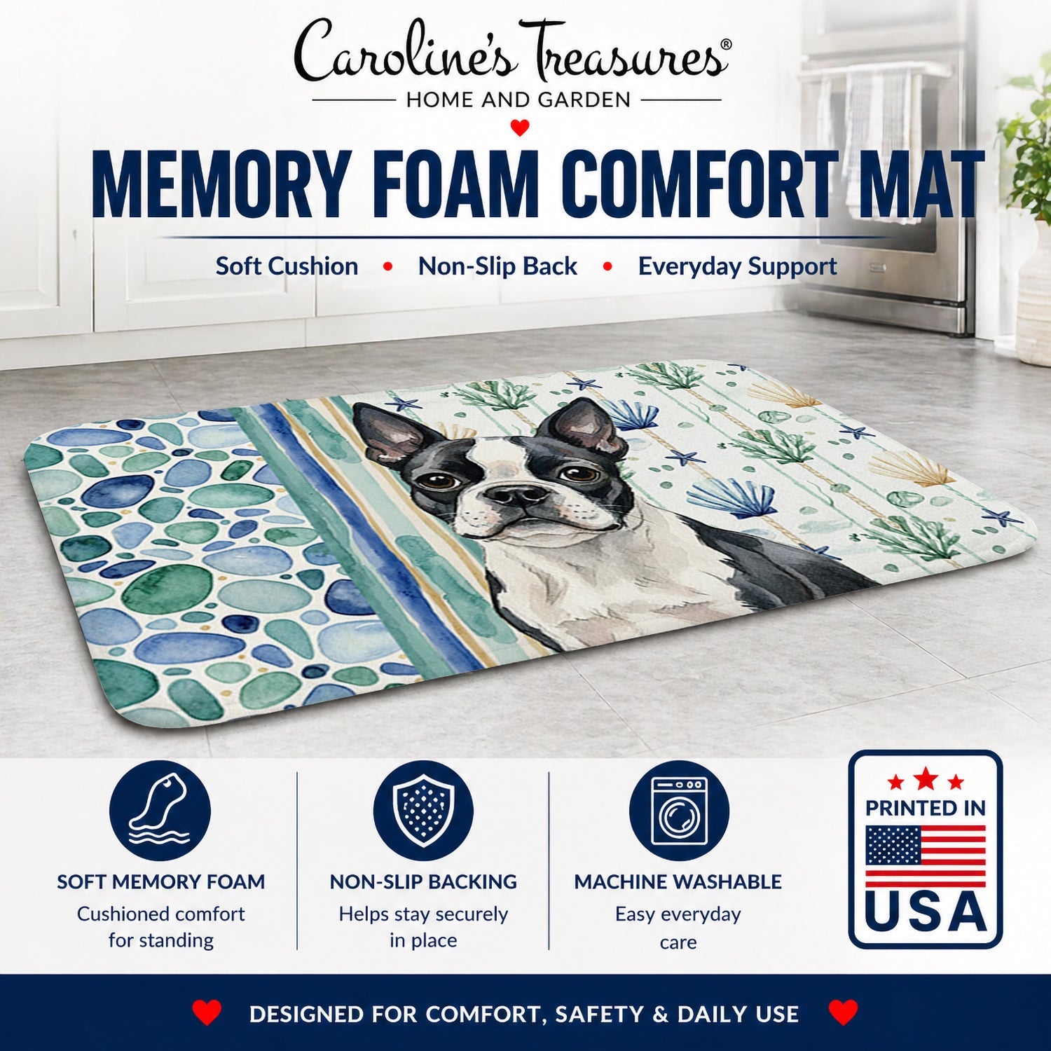 Boston Terrier Coastal Sea Glass Memory Foam Kitchen Mat Machine Washable Anti-Fatigue Cushion Comfort Bath or Kitchen Rug