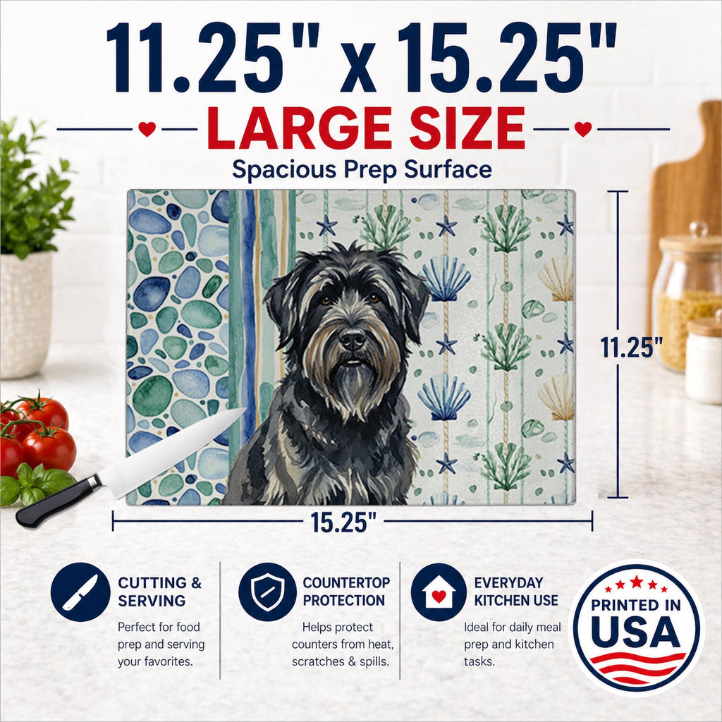 Bouvier des Flandres Coastal Sea Glass Cutting Board Tempered Glass Kitchen Cutting Surface, Heat Resistant Chopping, Non-Slip Feet, Food Prep & Serving