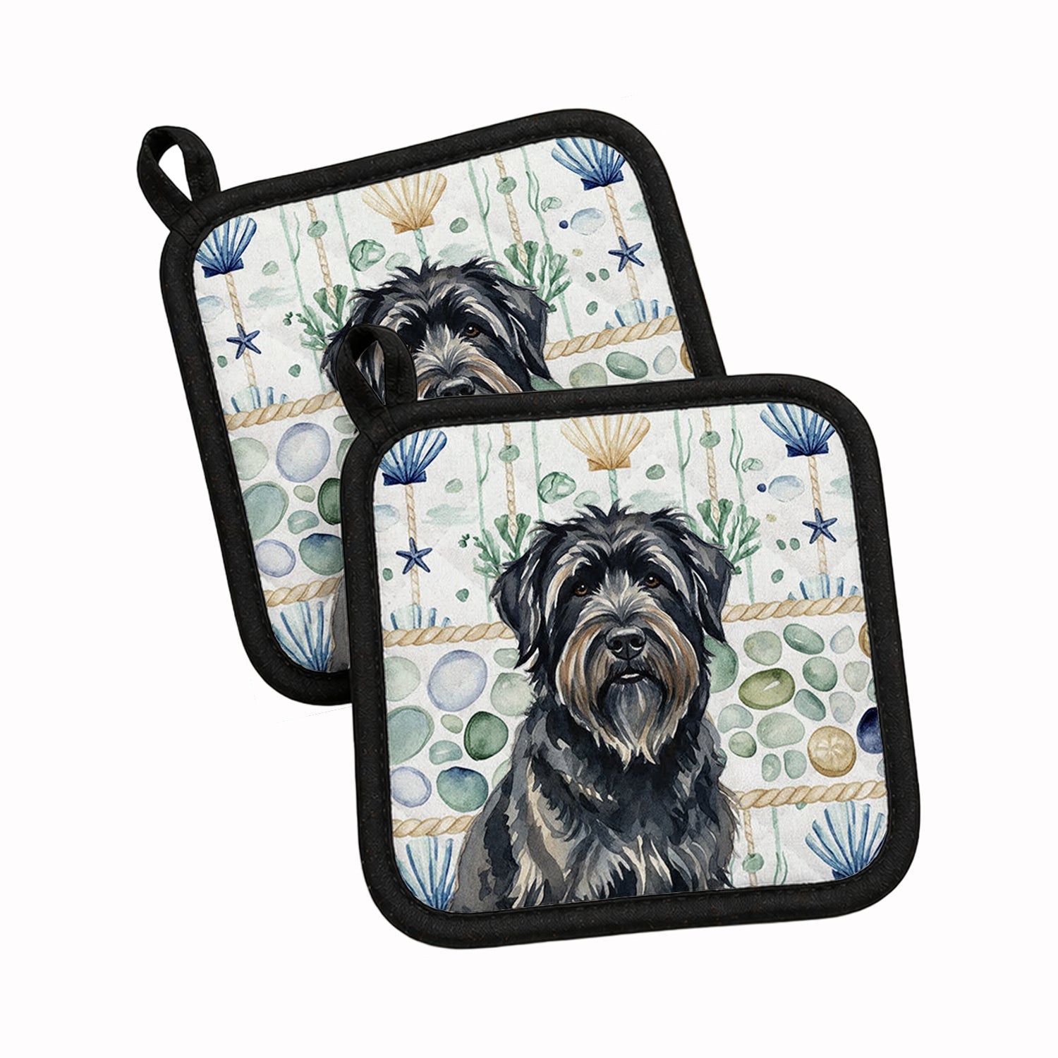 Bouvier des Flandres Coastal Sea Glass Pot Holder Set of 2 Heat Resistant Quilted Hot Pads 7.5 x 7.5 Inch, Insulated Kitchen Trivets for Cooking & Baking