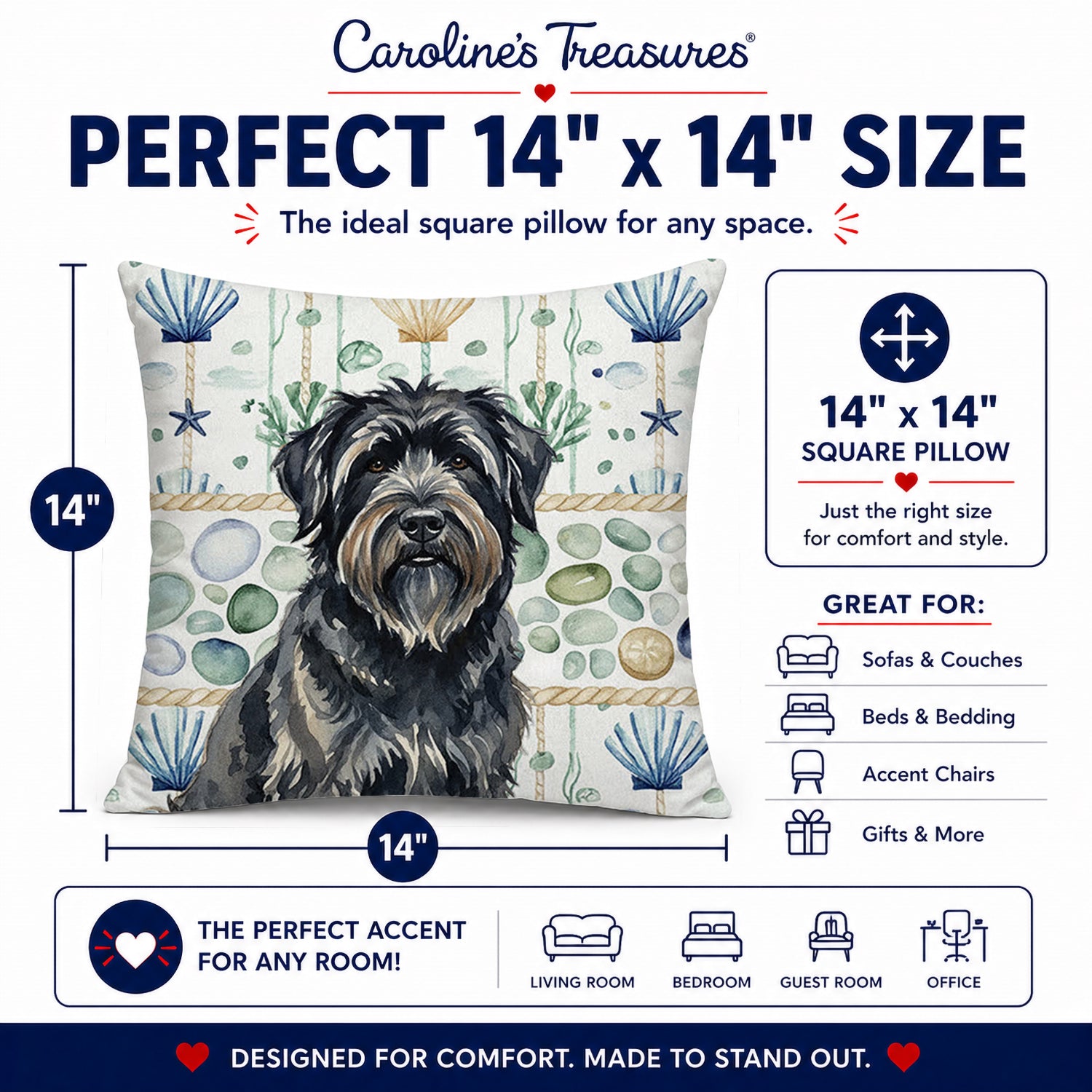 Bouvier des Flandres Coastal Sea Glass Decorative Throw Pillow 14x14 Indoor Outdoor Accent Cushion, Fabric Cover with Insert for Sofa, Bed, Porch & Living Room