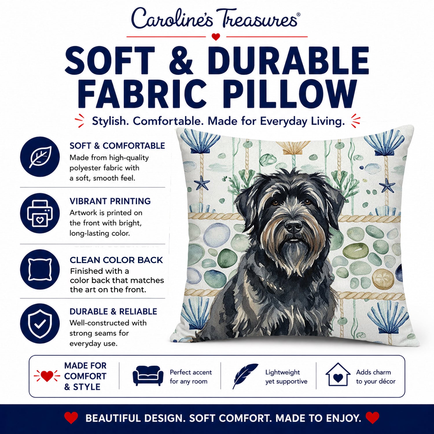 Bouvier des Flandres Coastal Sea Glass Decorative Throw Pillow 18x18 Indoor Outdoor Accent Cushion, Fabric Cover with Insert for Sofa, Bed, Porch & Living Room