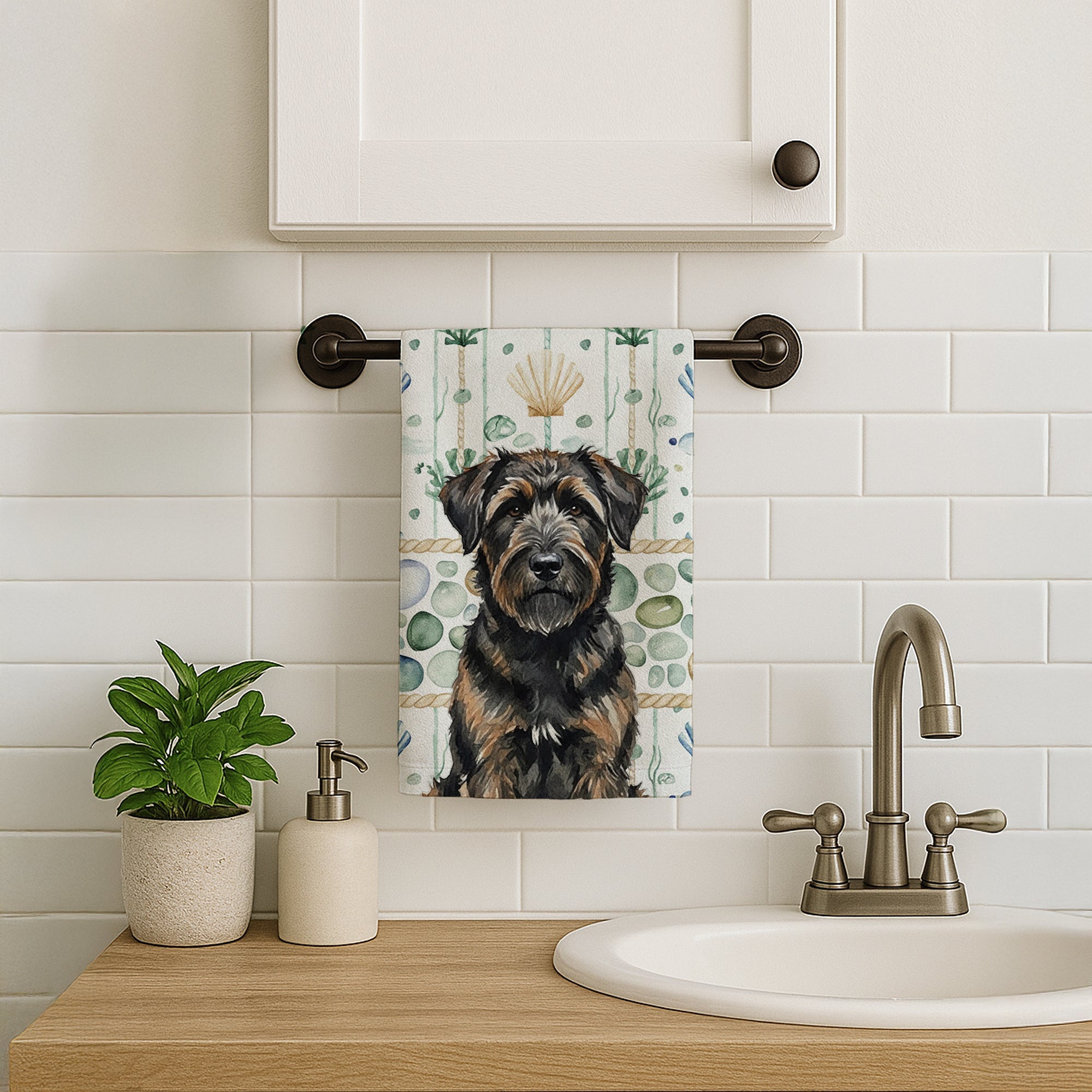 Brindle Bouvier des Flandres Coastal Sea Glass Kitchen Towel Velour Plush Front and Cotton Loop Back Machine Washable