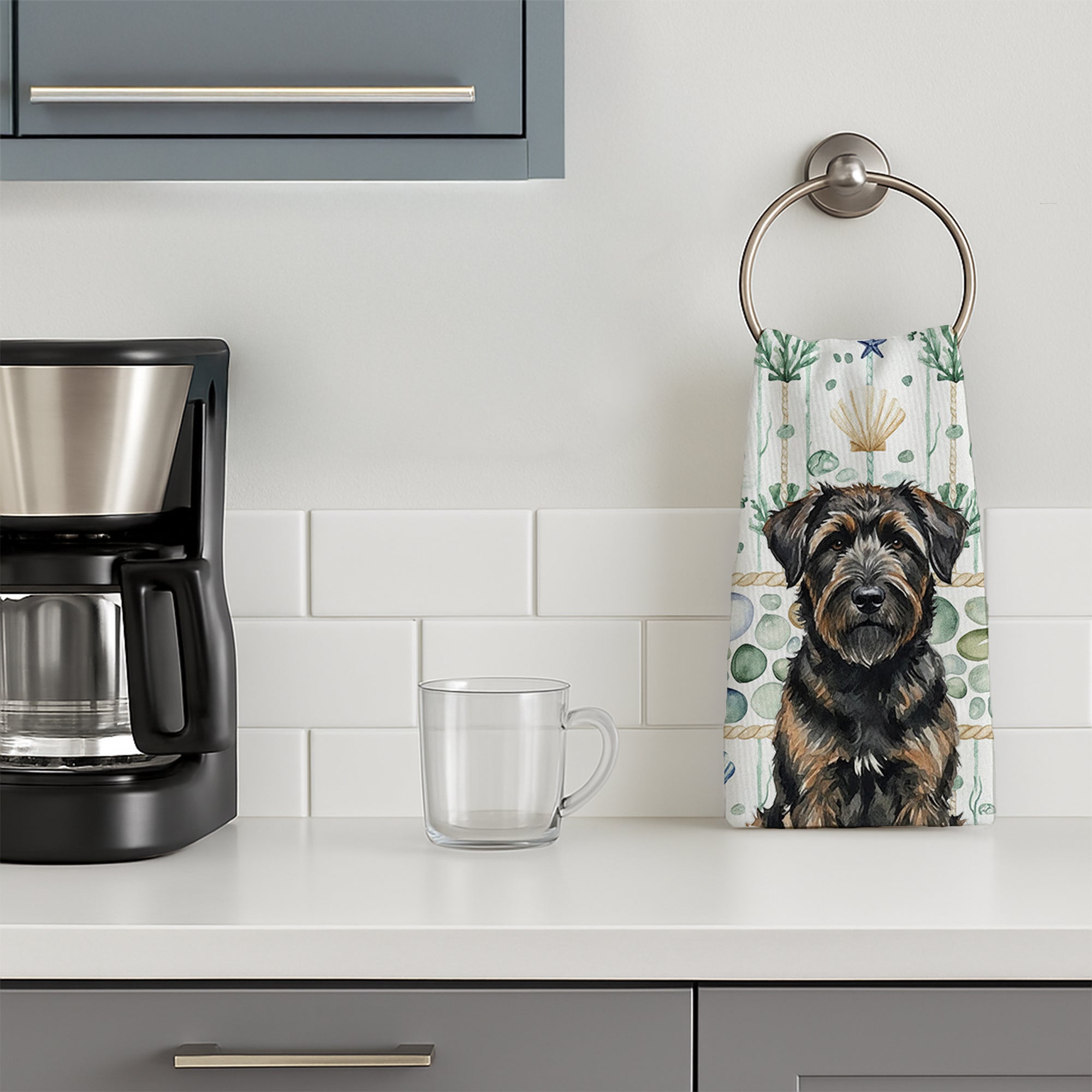 Brindle Bouvier des Flandres Coastal Sea Glass Kitchen Towel Velour Plush Front and Cotton Loop Back Machine Washable
