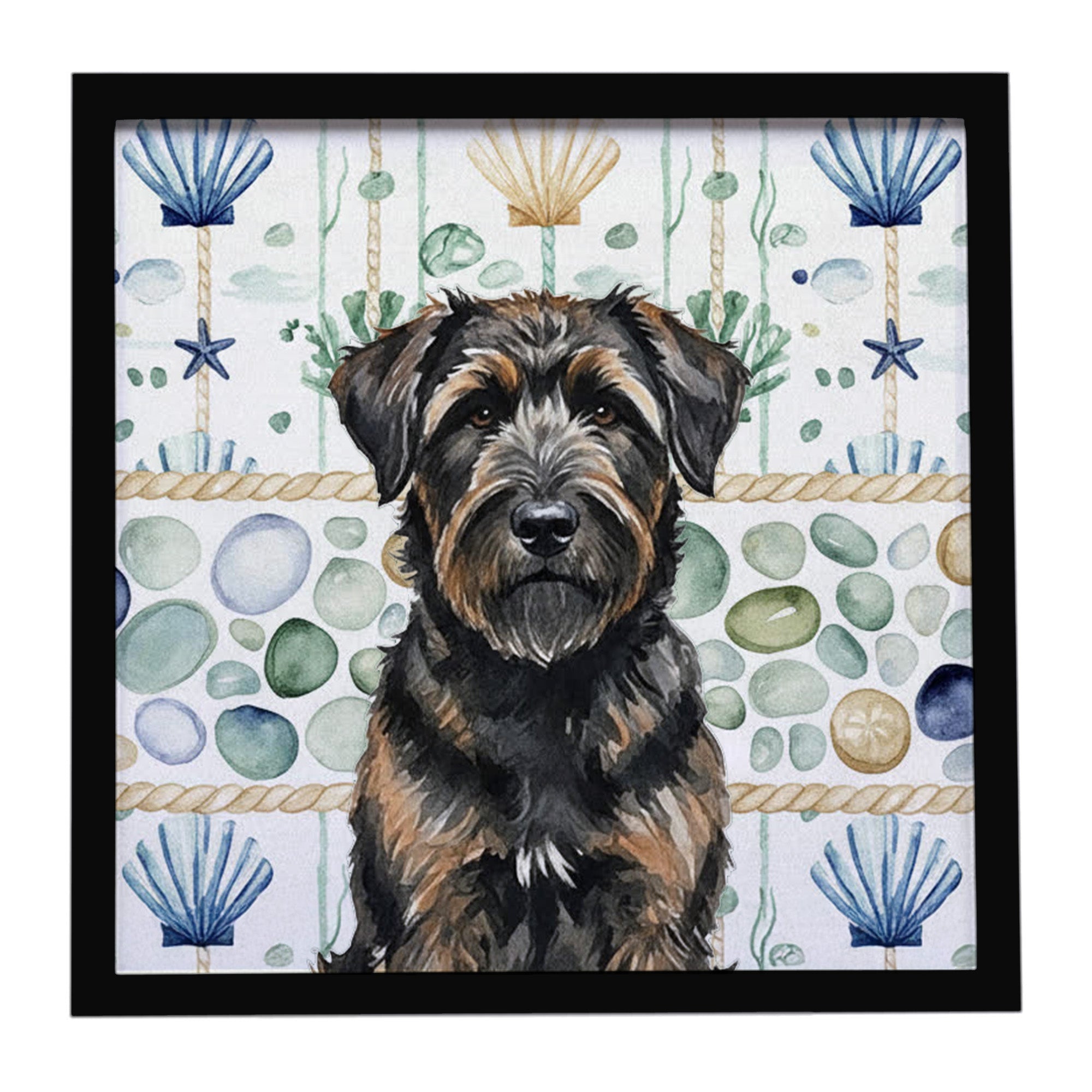 Brindle Bouvier des Flandres Coastal Sea Glass Framed Metal Print Bathroom, Kitchen, Office, Home Decor Wall Art Ready to Hang, Square, 8X8