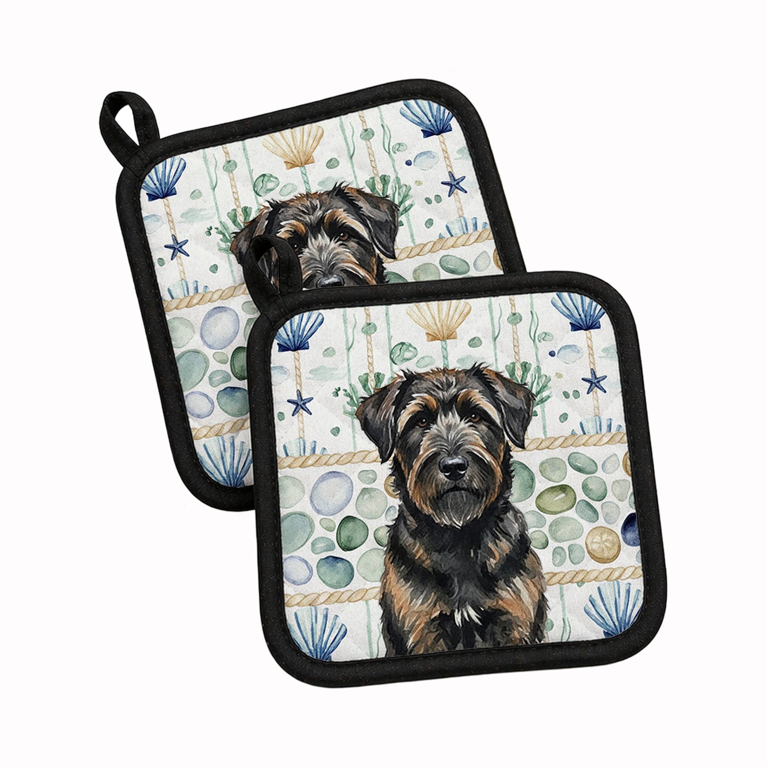 Brindle Bouvier des Flandres Coastal Sea Glass Pot Holder Set of 2 Heat Resistant Quilted Hot Pads 7.5 x 7.5 Inch, Insulated Kitchen Trivets for Cooking & Baking