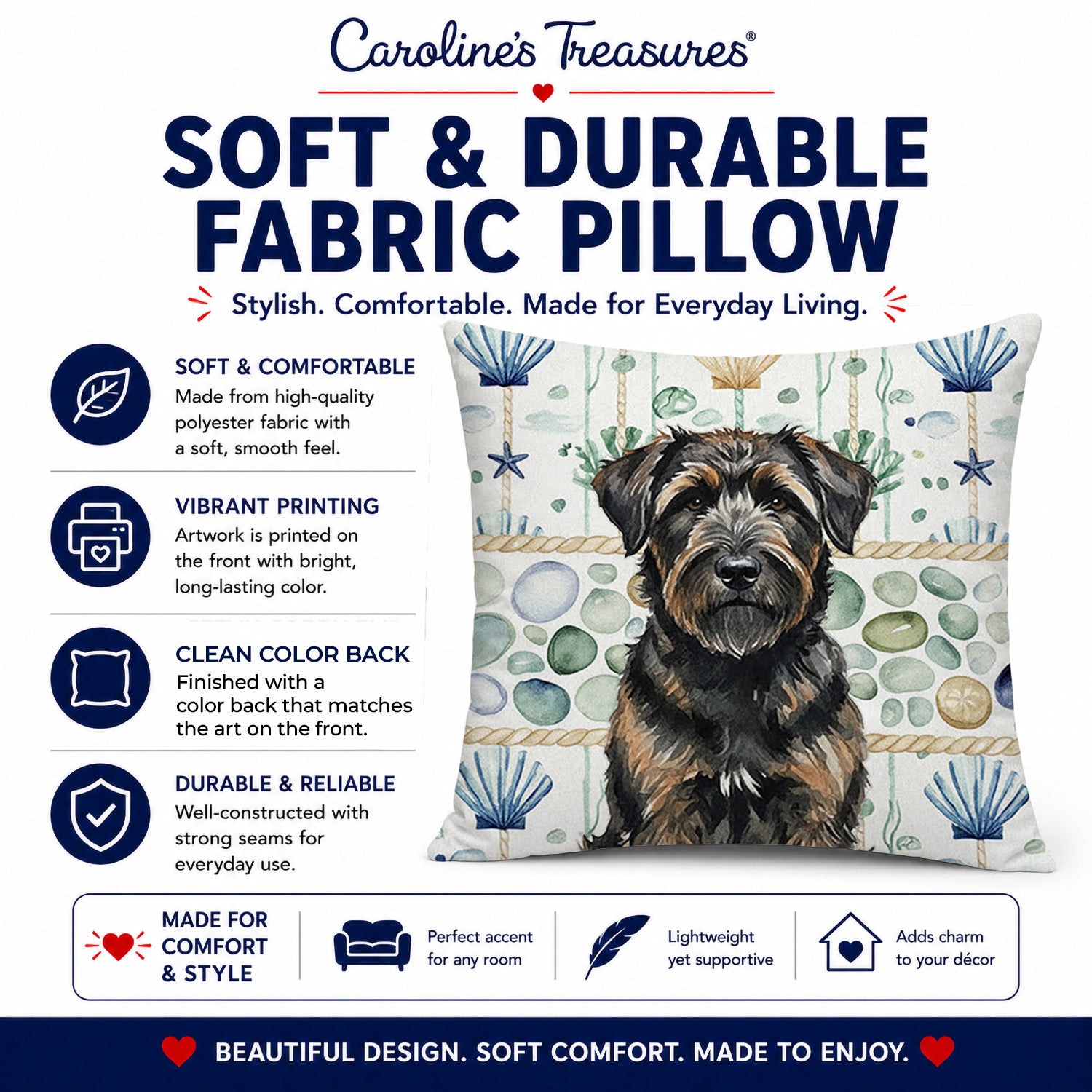 Brindle Bouvier des Flandres Coastal Sea Glass Decorative Throw Pillow 14x14 Indoor Outdoor Accent Cushion, Fabric Cover with Insert for Sofa, Bed, Porch & Living Room