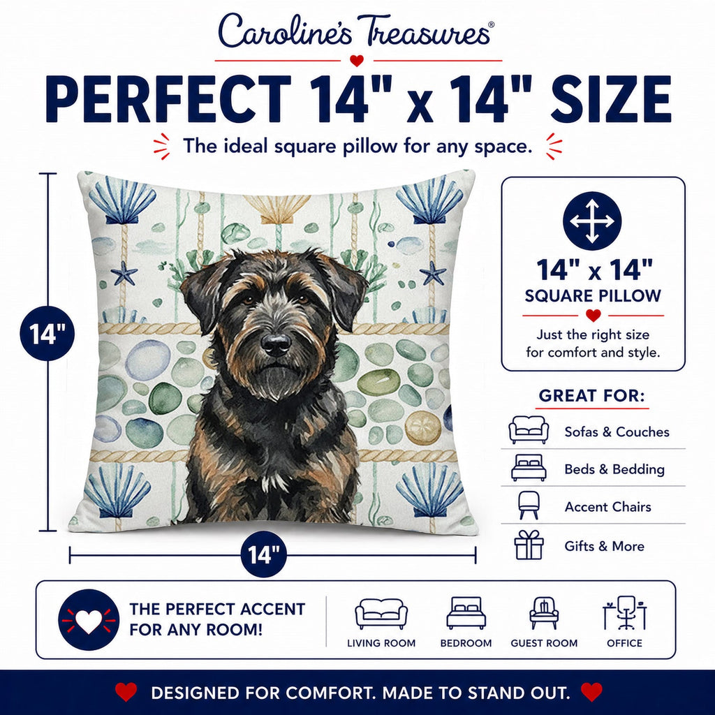 Brindle Bouvier des Flandres Coastal Sea Glass Decorative Throw Pillow 14x14 Indoor Outdoor Accent Cushion, Fabric Cover with Insert for Sofa, Bed, Porch & Living Room