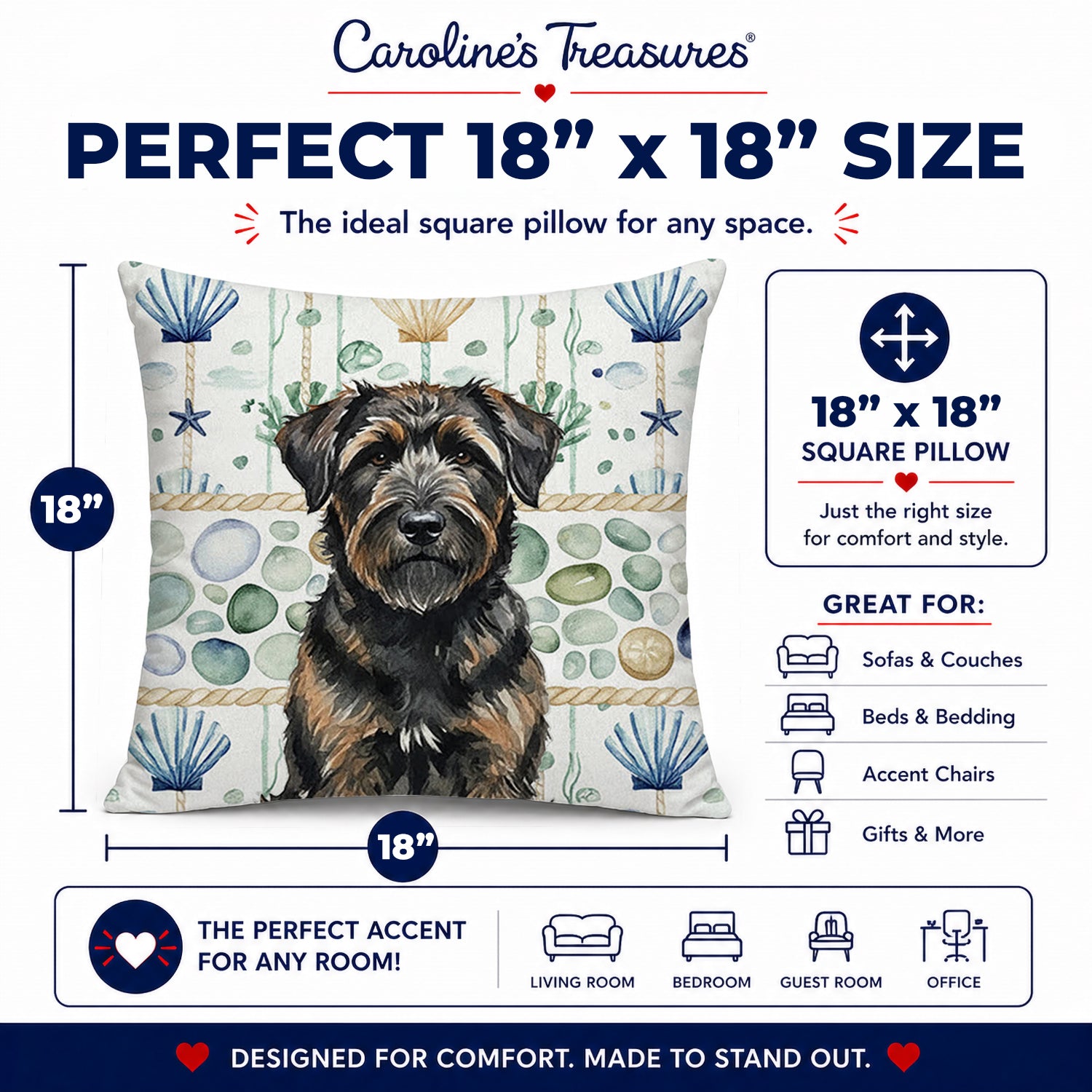 Brindle Bouvier des Flandres Coastal Sea Glass Decorative Throw Pillow 18x18 Indoor Outdoor Accent Cushion, Fabric Cover with Insert for Sofa, Bed, Porch & Living Room