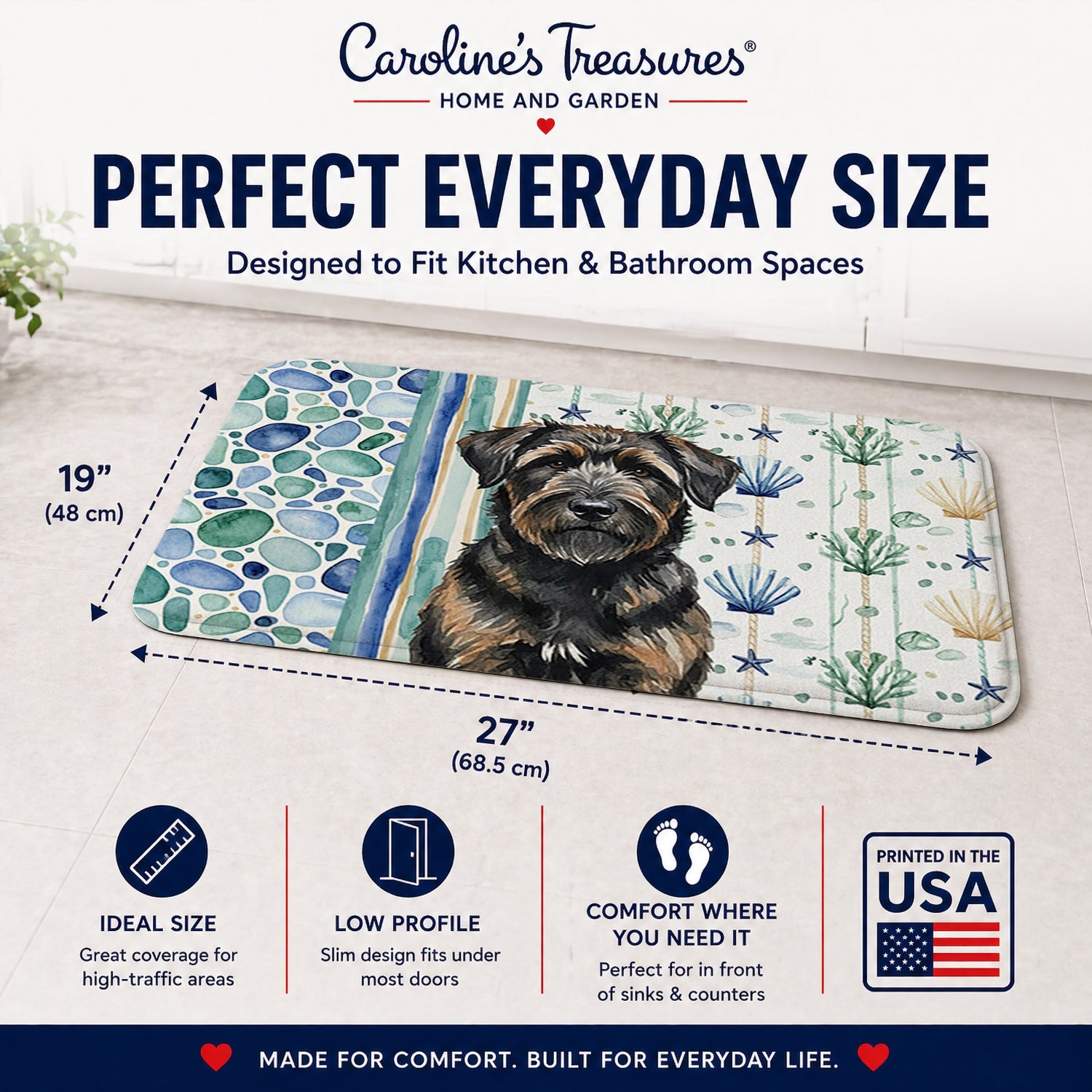 Brindle Bouvier des Flandres Coastal Sea Glass Memory Foam Kitchen Mat Machine Washable Anti-Fatigue Cushion Comfort Bath or Kitchen Rug