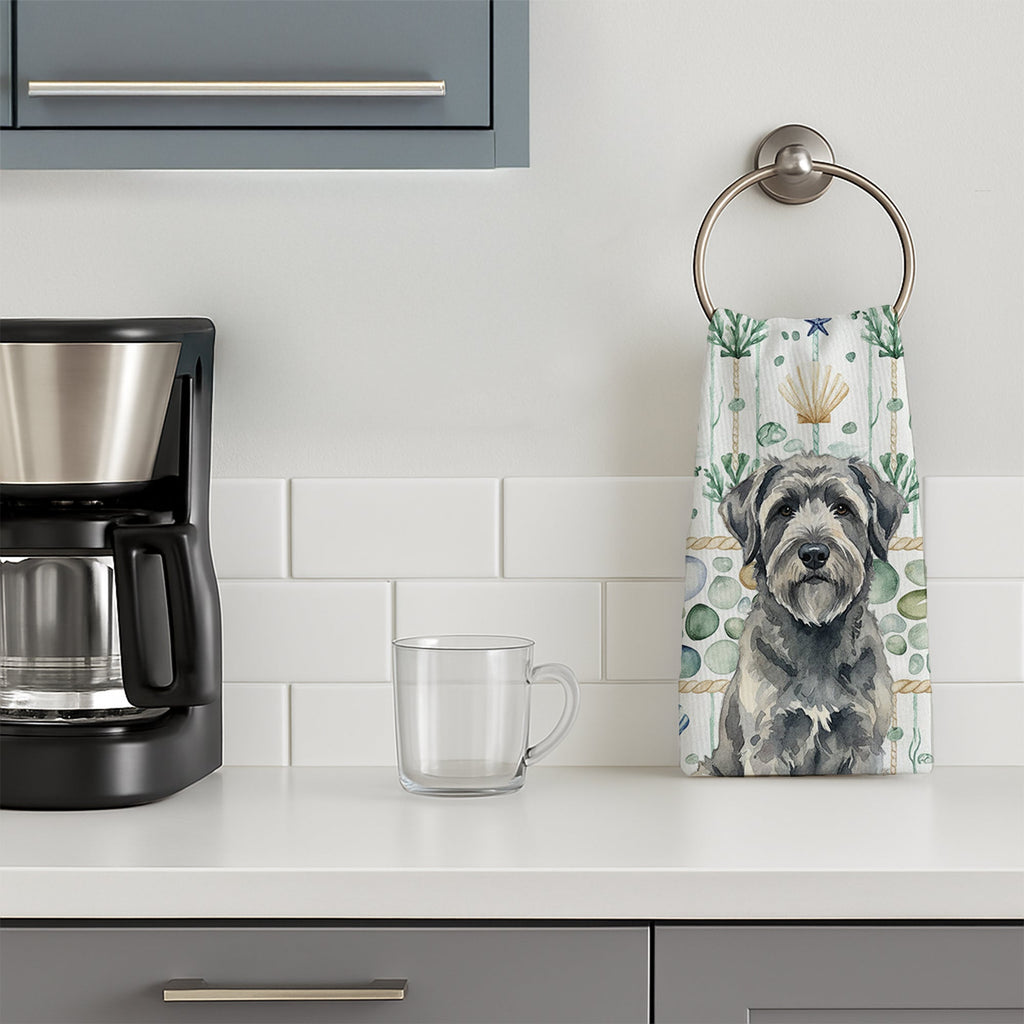 Gray Bouvier des Flandres Coastal Sea Glass Kitchen Towel Velour Plush Front and Cotton Loop Back Machine Washable