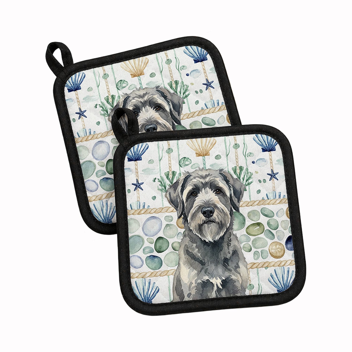 Gray Bouvier des Flandres Coastal Sea Glass Pot Holder Set of 2 Heat Resistant Quilted Hot Pads 7.5 x 7.5 Inch, Insulated Kitchen Trivets for Cooking & Baking