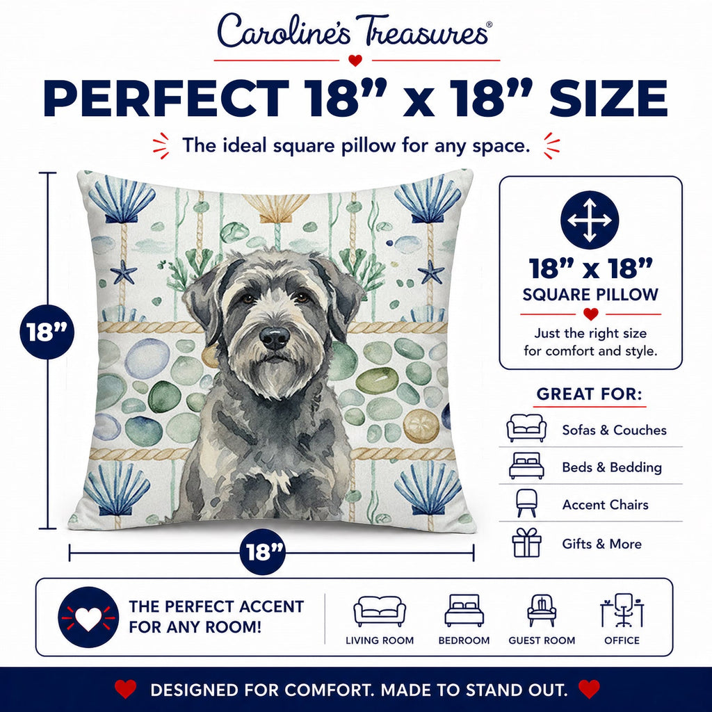 Gray Bouvier des Flandres Coastal Sea Glass Decorative Throw Pillow 18x18 Indoor Outdoor Accent Cushion, Fabric Cover with Insert for Sofa, Bed, Porch & Living Room