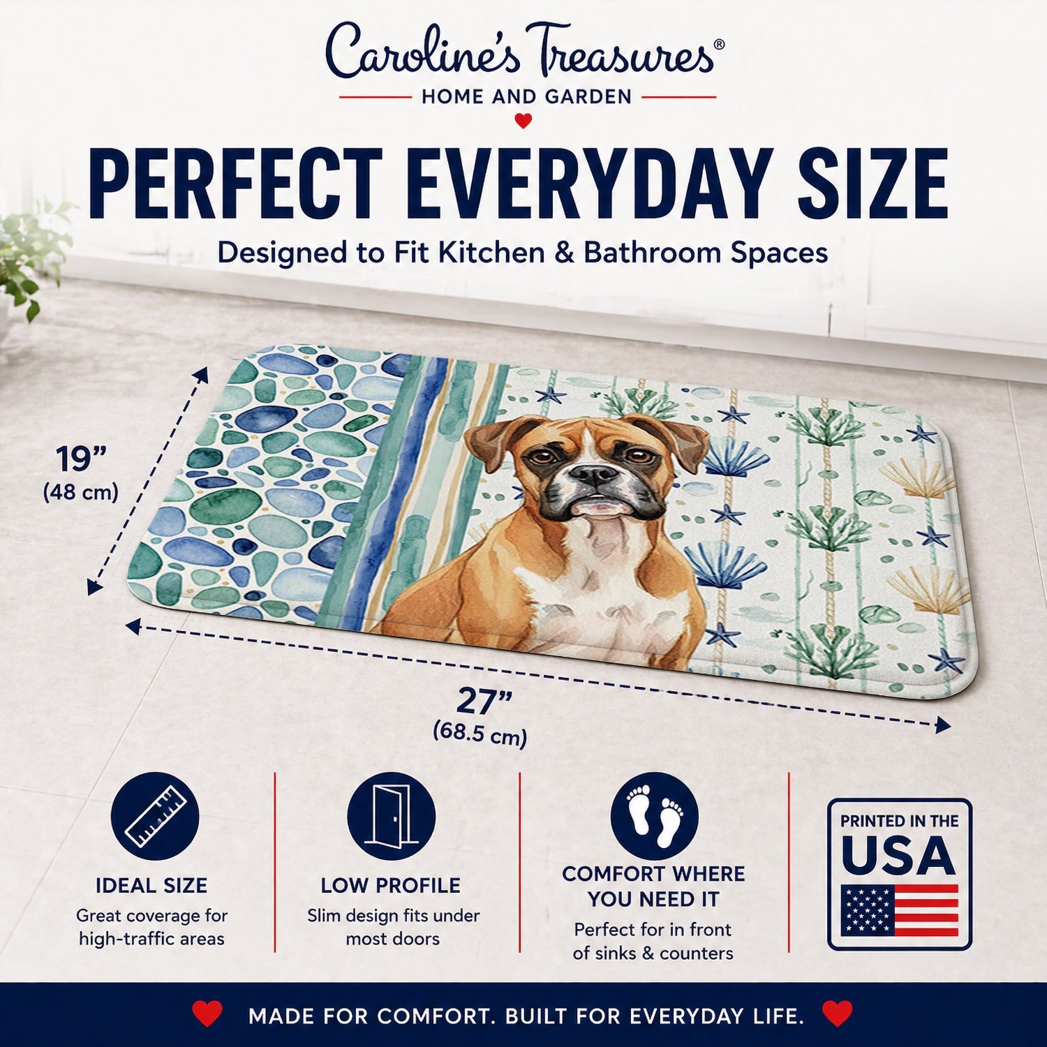 Boxer Coastal Sea Glass Memory Foam Kitchen Mat Machine Washable Anti-Fatigue Cushion Comfort Bath or Kitchen Rug