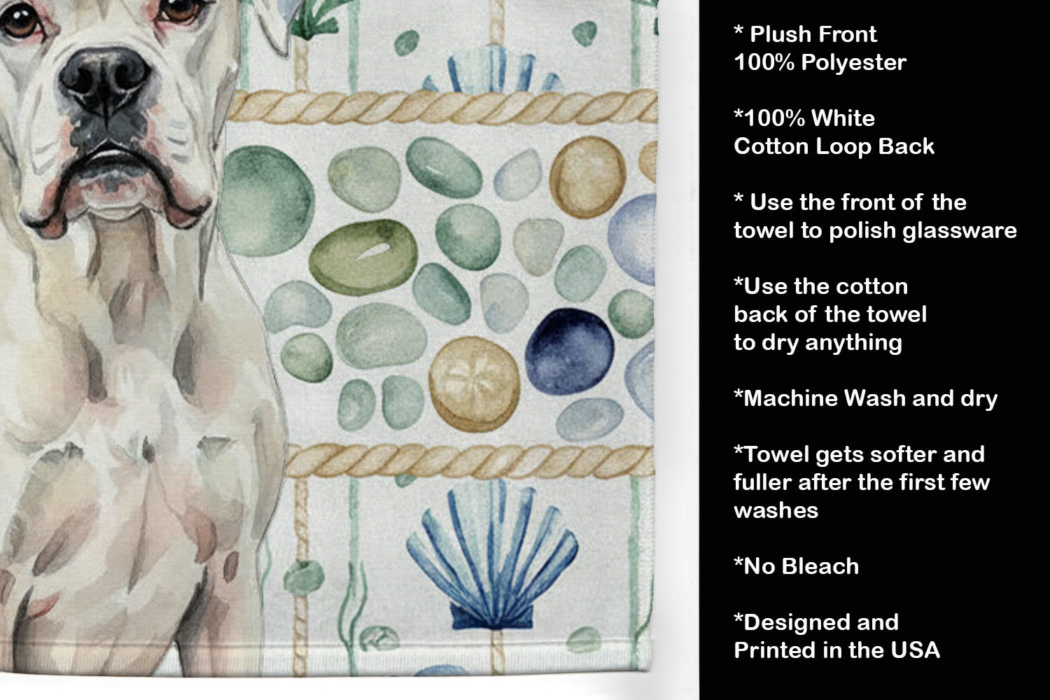 White Boxer Coastal Sea Glass Kitchen Towel Velour Plush Front and Cotton Loop Back Machine Washable