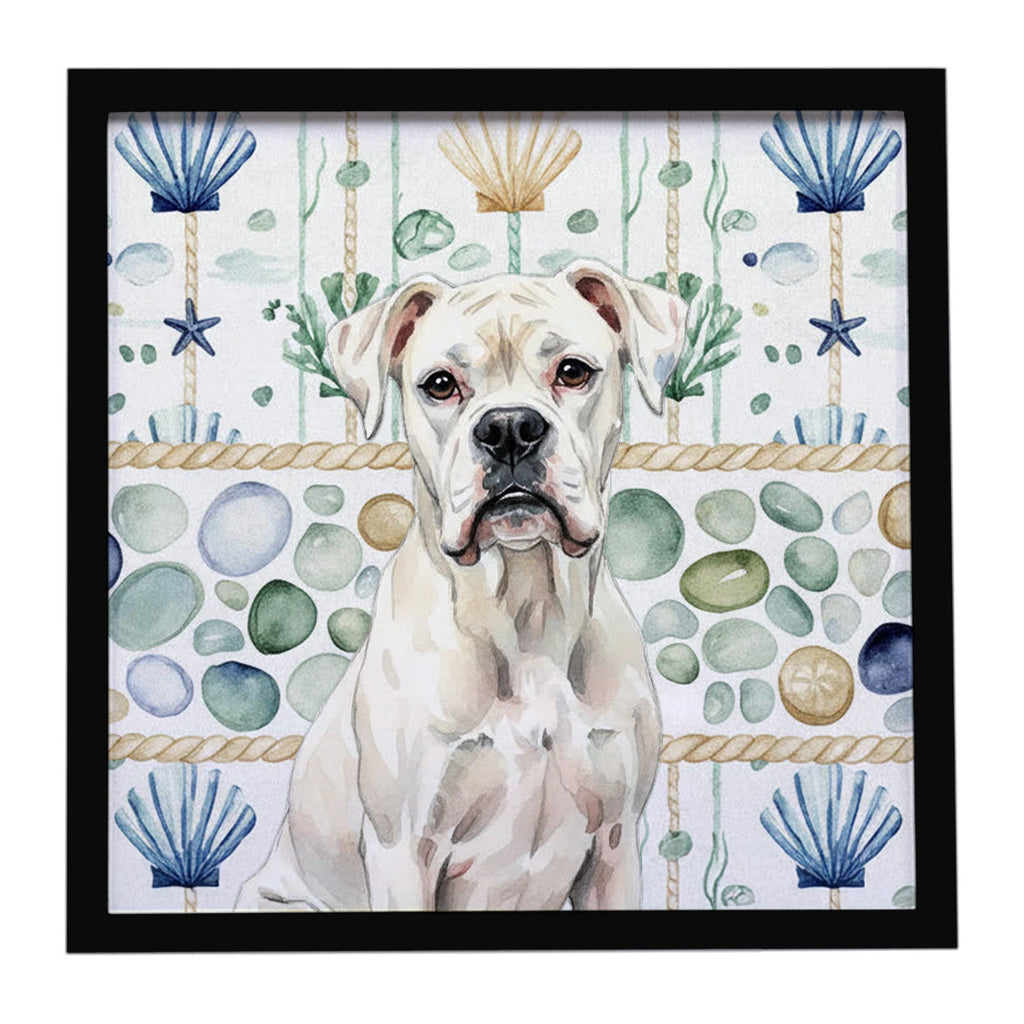 White Boxer Coastal Sea Glass Framed Metal Print Bathroom, Kitchen, Office, Home Decor Wall Art Ready to Hang, Square, 8X8