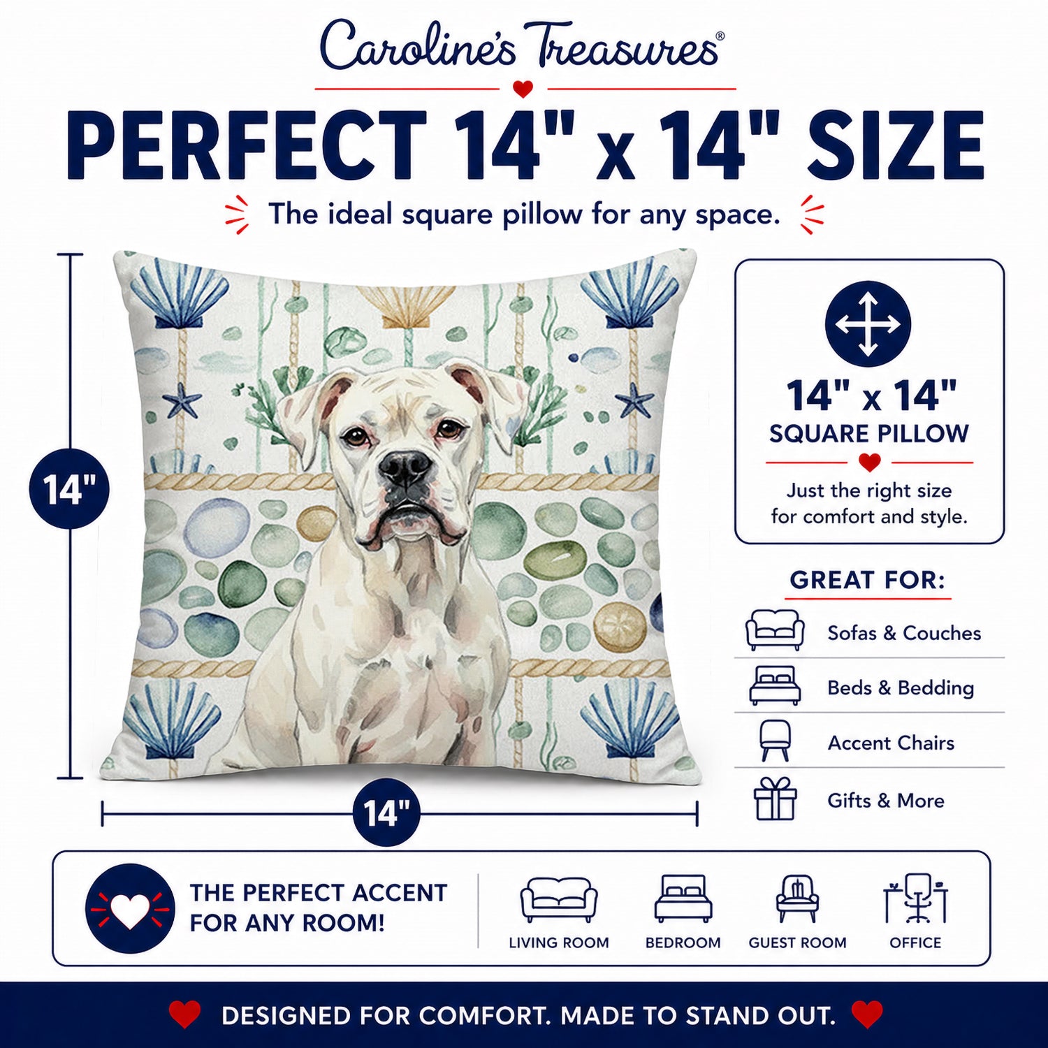 White Boxer Coastal Sea Glass Decorative Throw Pillow 14x14 Indoor Outdoor Accent Cushion, Fabric Cover with Insert for Sofa, Bed, Porch & Living Room