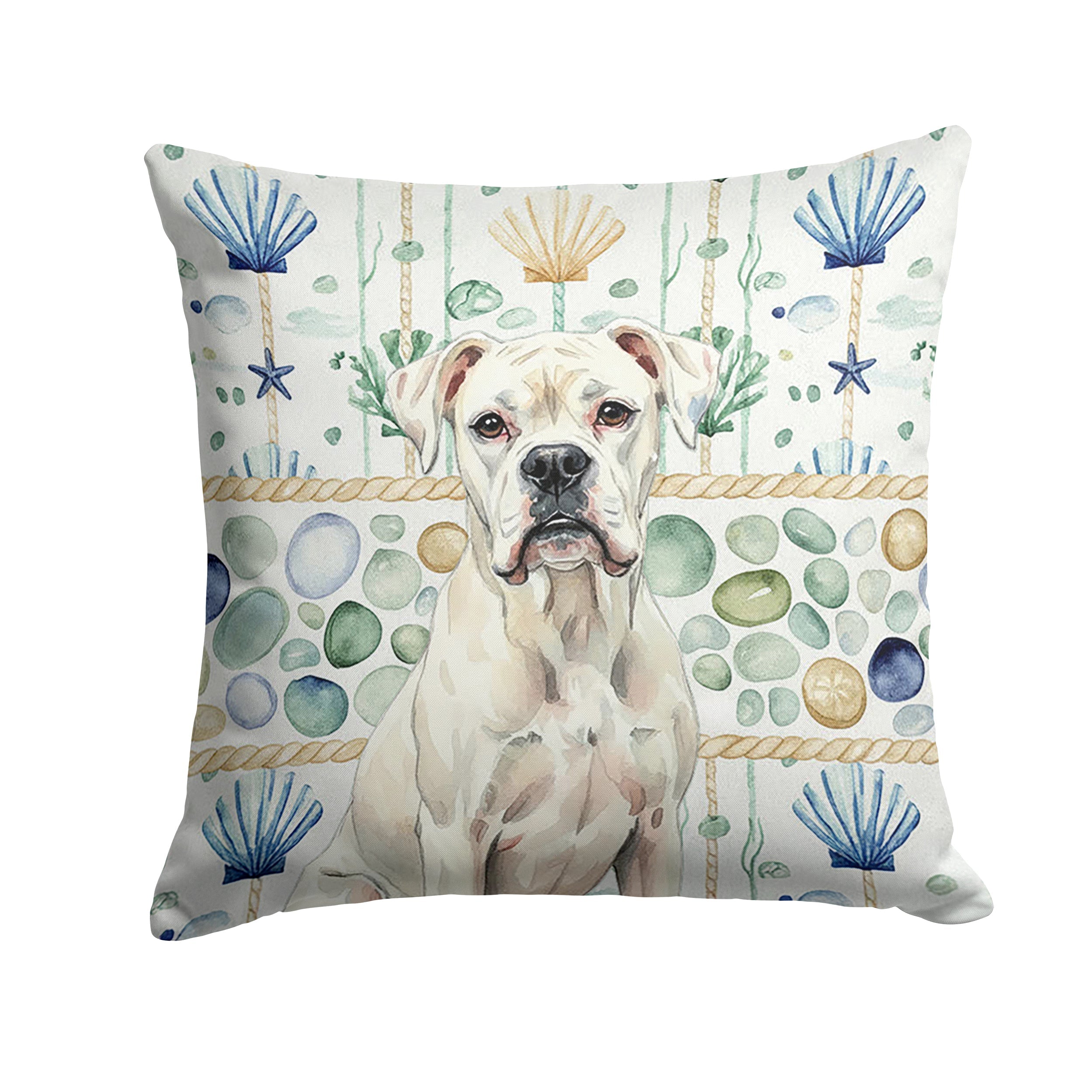 White Boxer Coastal Sea Glass Decorative Throw Pillow 14x14 Indoor Outdoor Accent Cushion, Fabric Cover with Insert for Sofa, Bed, Porch & Living Room
