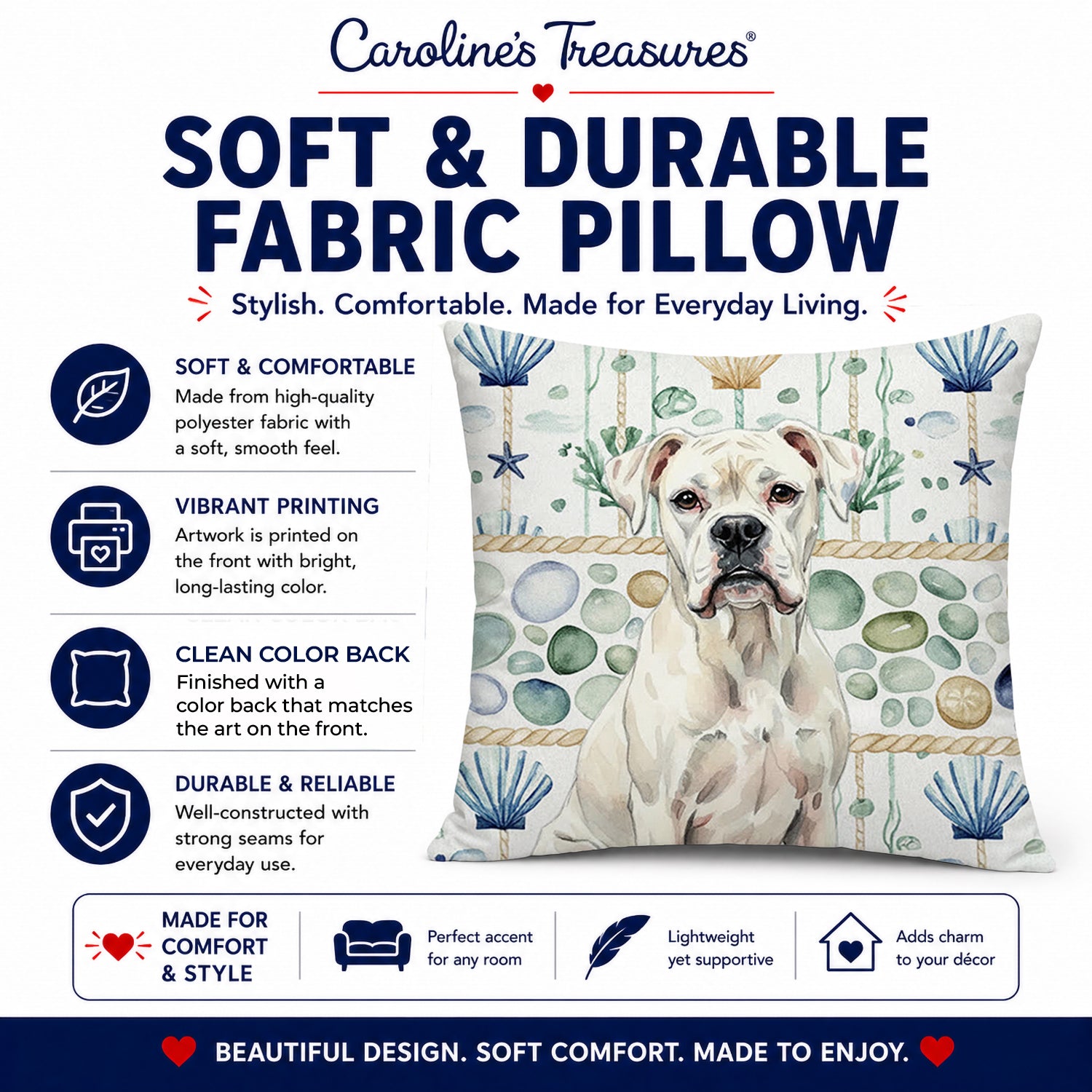 White Boxer Coastal Sea Glass Decorative Throw Pillow 18x18 Indoor Outdoor Accent Cushion, Fabric Cover with Insert for Sofa, Bed, Porch & Living Room