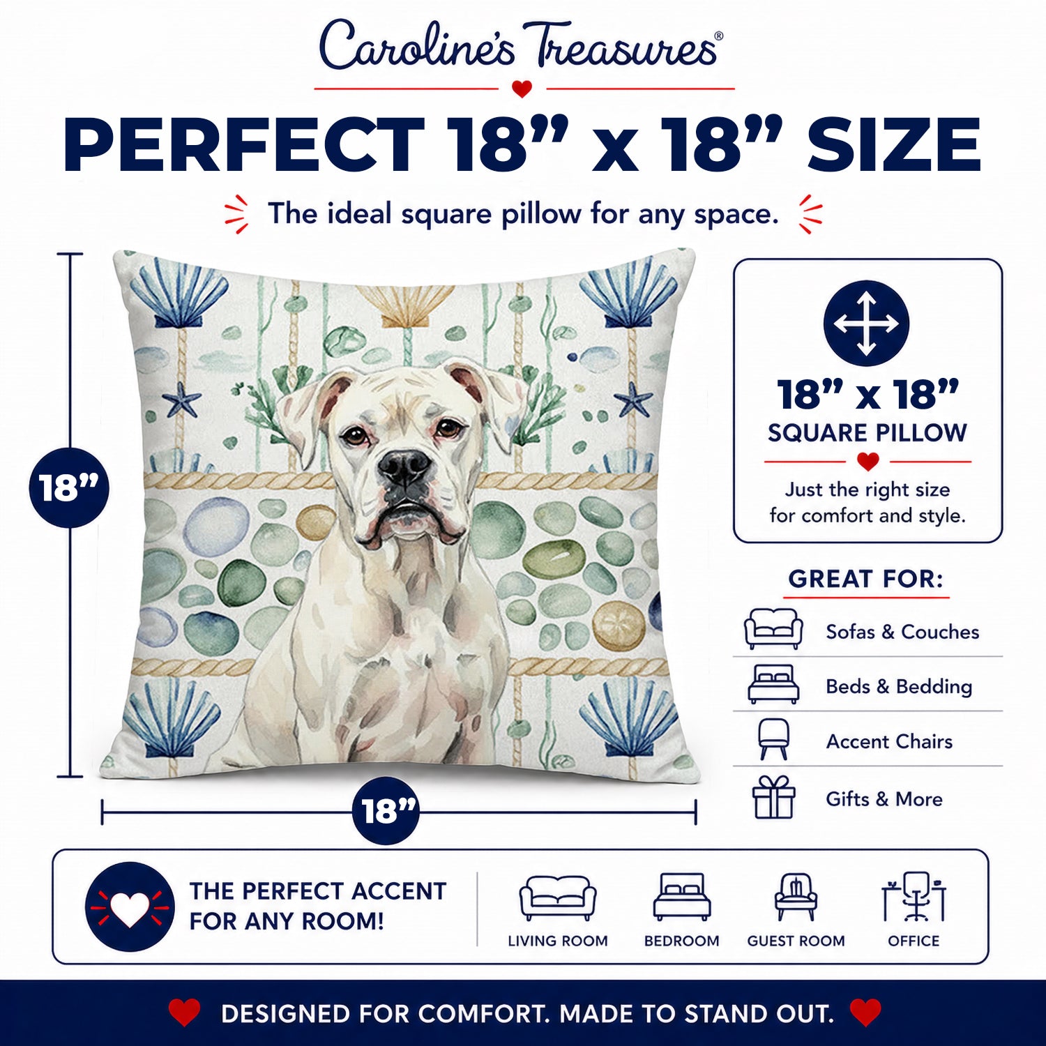 White Boxer Coastal Sea Glass Decorative Throw Pillow 18x18 Indoor Outdoor Accent Cushion, Fabric Cover with Insert for Sofa, Bed, Porch & Living Room