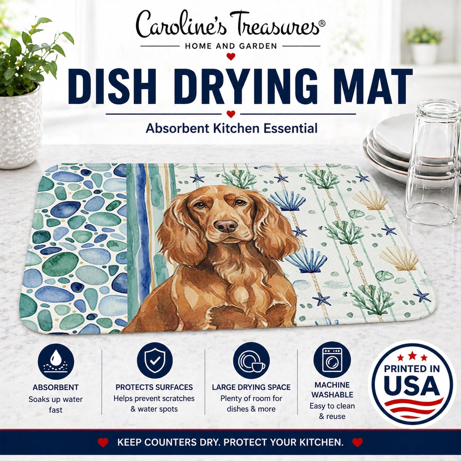 Boykin Spaniel Coastal Sea Glass Dish Drying Mat Absorbent Dish Drying Mat Pad for Kitchen Counter Dish Drainer Mat for Countertop, 14 x 21", Multicolor