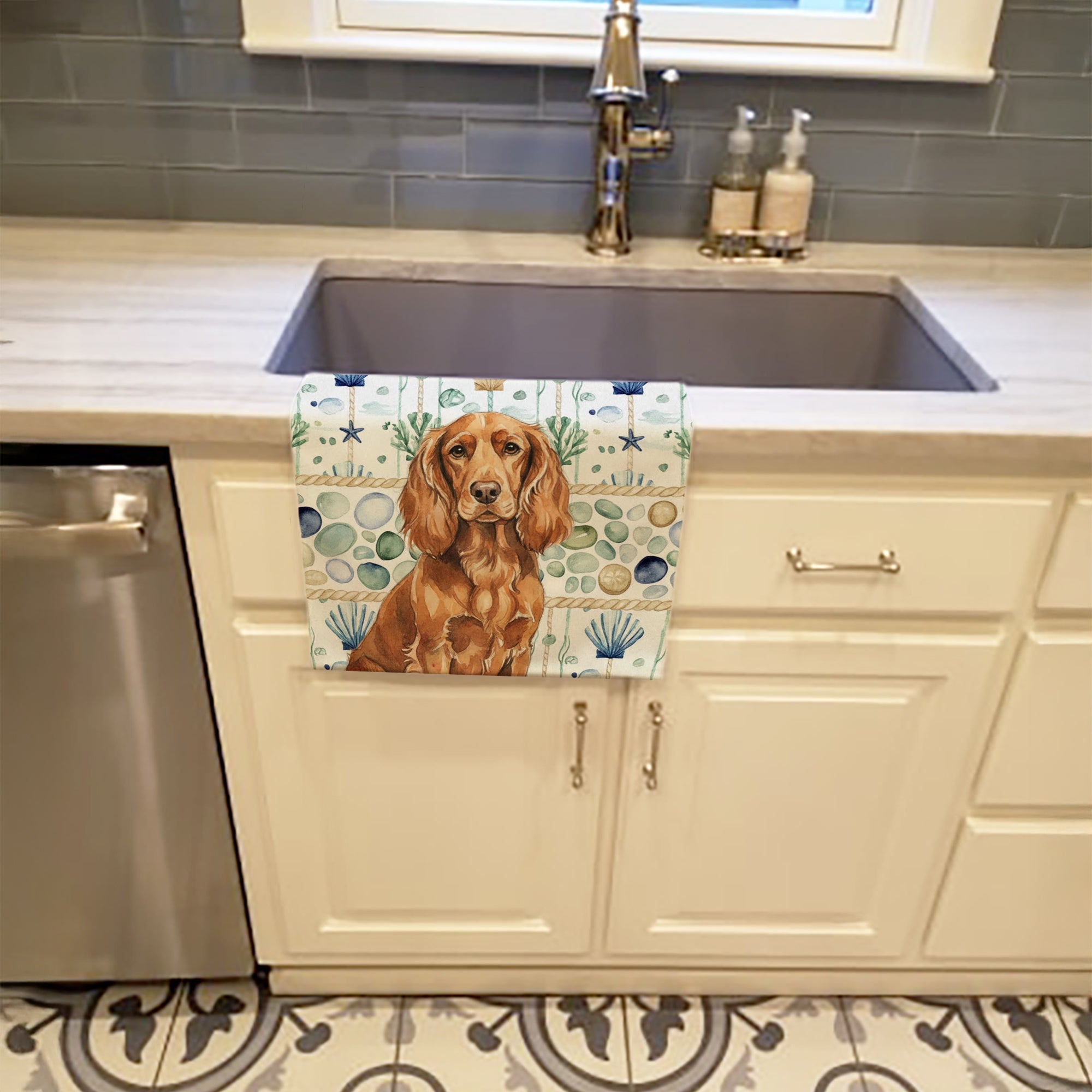 Boykin Spaniel Coastal Sea Glass Kitchen Towel Velour Plush Front and Cotton Loop Back Machine Washable