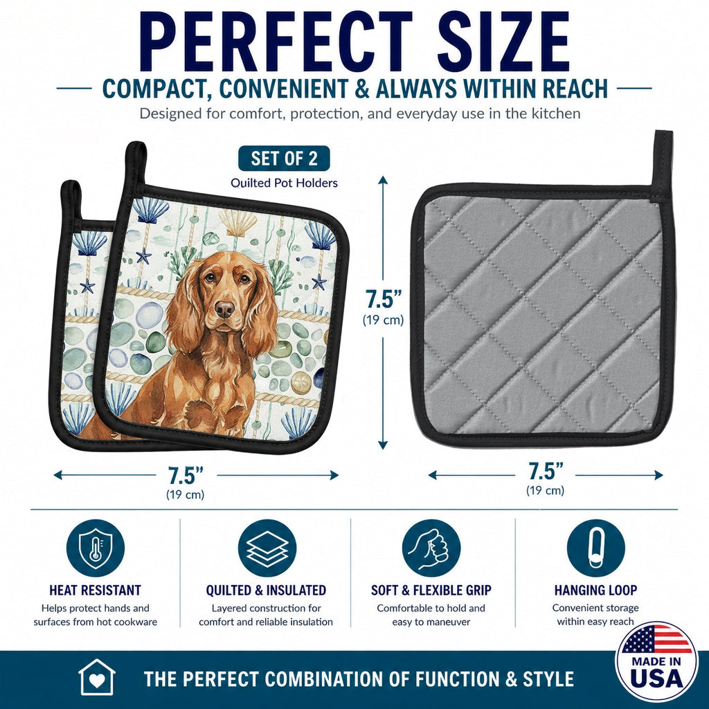 Boykin Spaniel Coastal Sea Glass Pot Holder Set of 2 Heat Resistant Quilted Hot Pads 7.5 x 7.5 Inch, Insulated Kitchen Trivets for Cooking & Baking