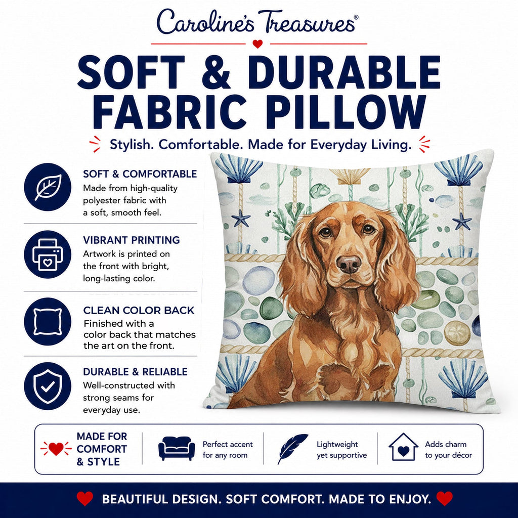 Boykin Spaniel Coastal Sea Glass Decorative Throw Pillow 18x18 Indoor Outdoor Accent Cushion, Fabric Cover with Insert for Sofa, Bed, Porch & Living Room