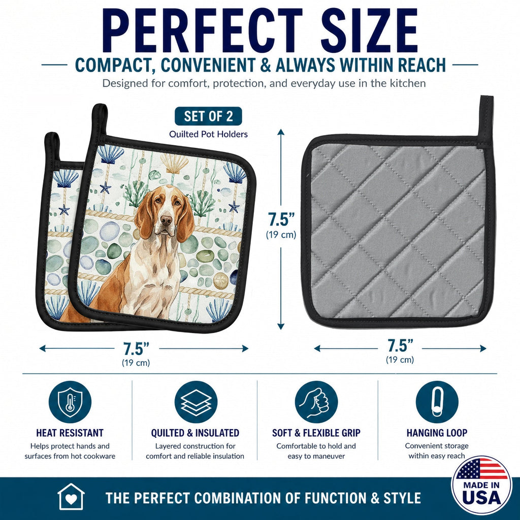 Bracco Italiano Coastal Sea Glass Pot Holder Set of 2 Heat Resistant Quilted Hot Pads 7.5 x 7.5 Inch, Insulated Kitchen Trivets for Cooking & Baking