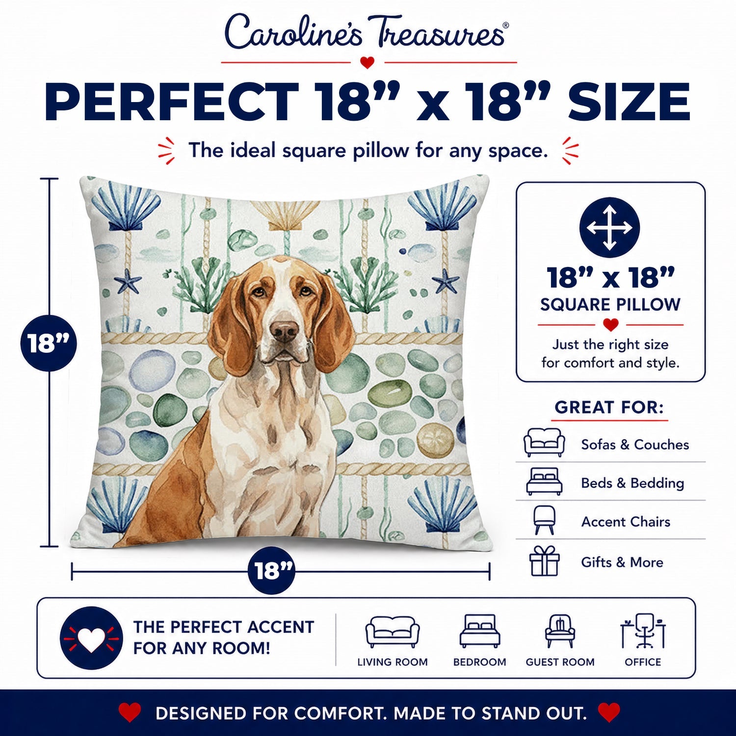 Bracco Italiano Coastal Sea Glass Decorative Throw Pillow 18x18 Indoor Outdoor Accent Cushion, Fabric Cover with Insert for Sofa, Bed, Porch & Living Room