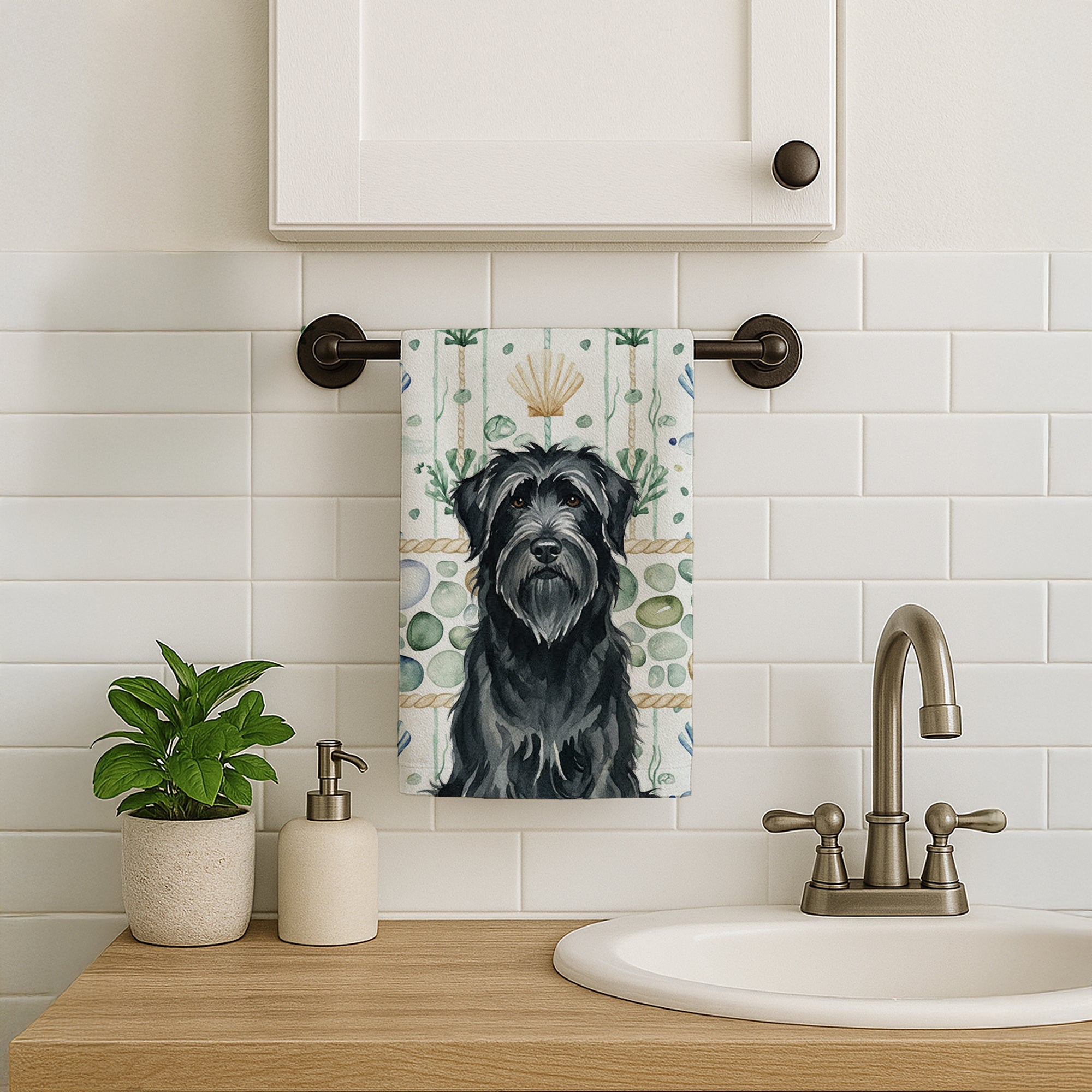 Black Briard Coastal Sea Glass Kitchen Towel Velour Plush Front and Cotton Loop Back Machine Washable