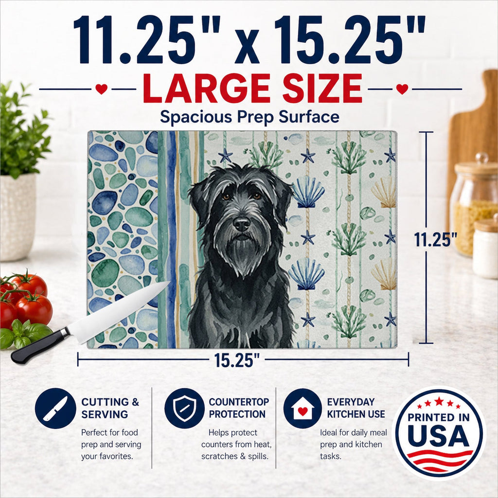 Black Briard Coastal Sea Glass Cutting Board Tempered Glass Kitchen Cutting Surface, Heat Resistant Chopping, Non-Slip Feet, Food Prep & Serving