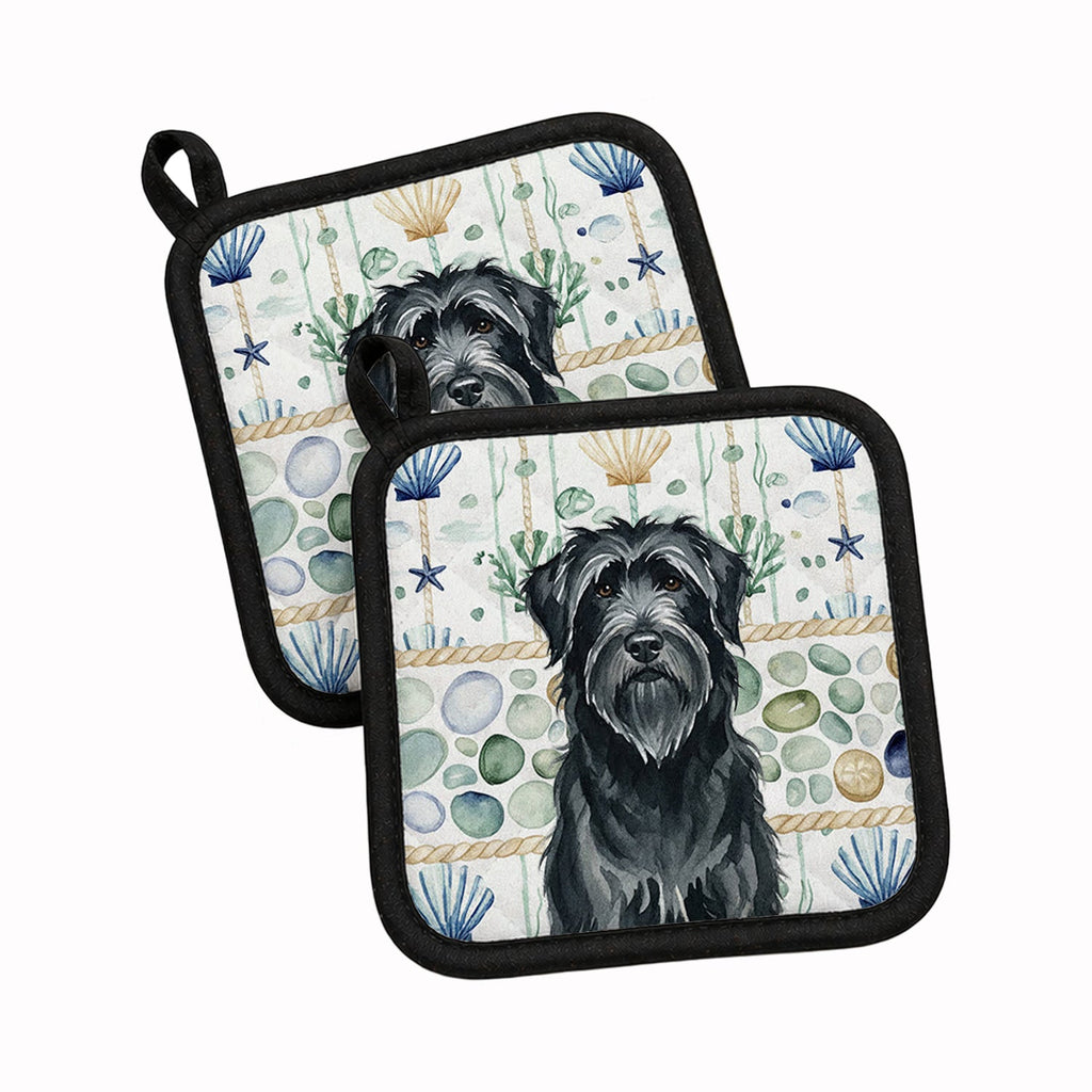 Black Briard Coastal Sea Glass Pot Holder Set of 2 Heat Resistant Quilted Hot Pads 7.5 x 7.5 Inch, Insulated Kitchen Trivets for Cooking & Baking