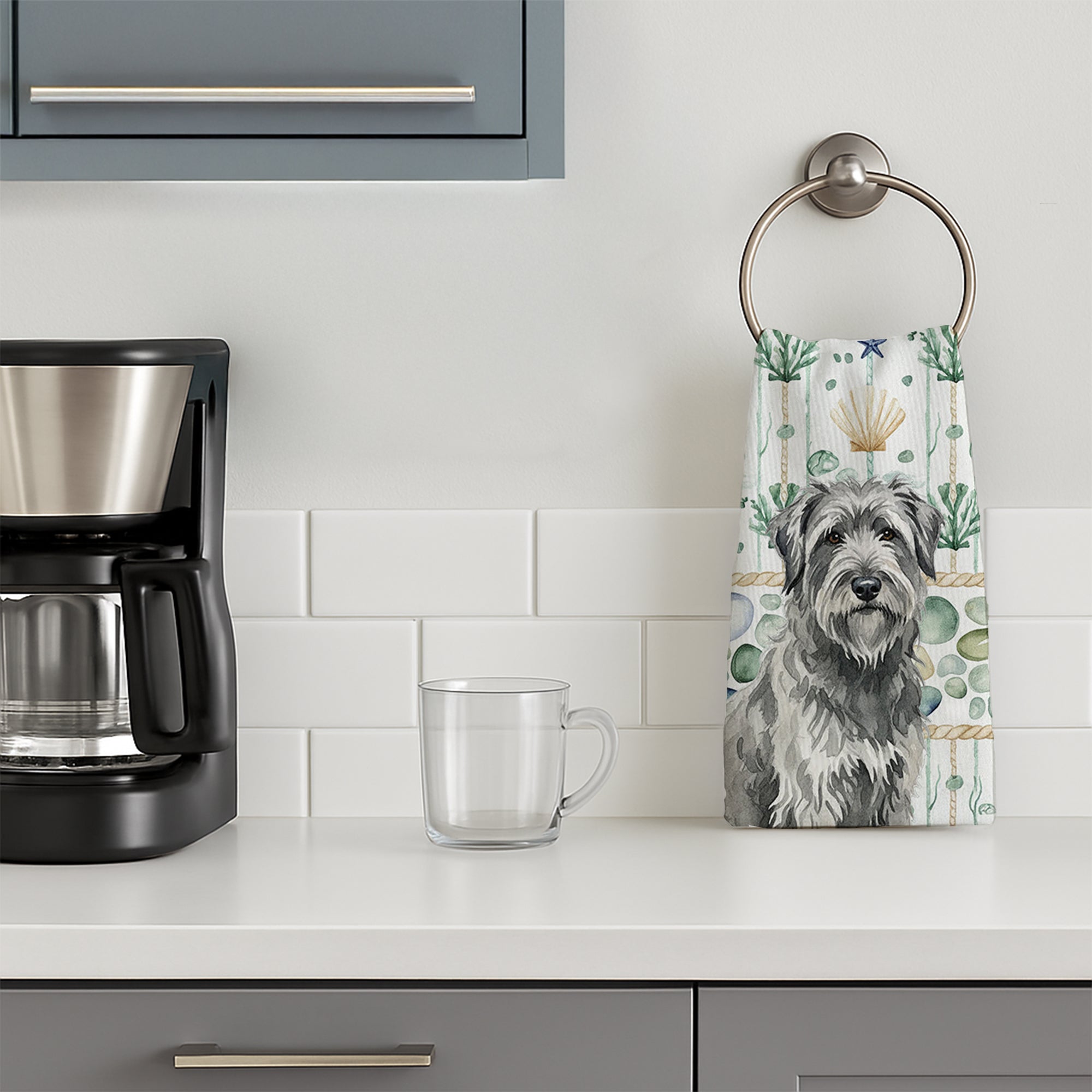 Gray Briard Coastal Sea Glass Kitchen Towel Velour Plush Front and Cotton Loop Back Machine Washable