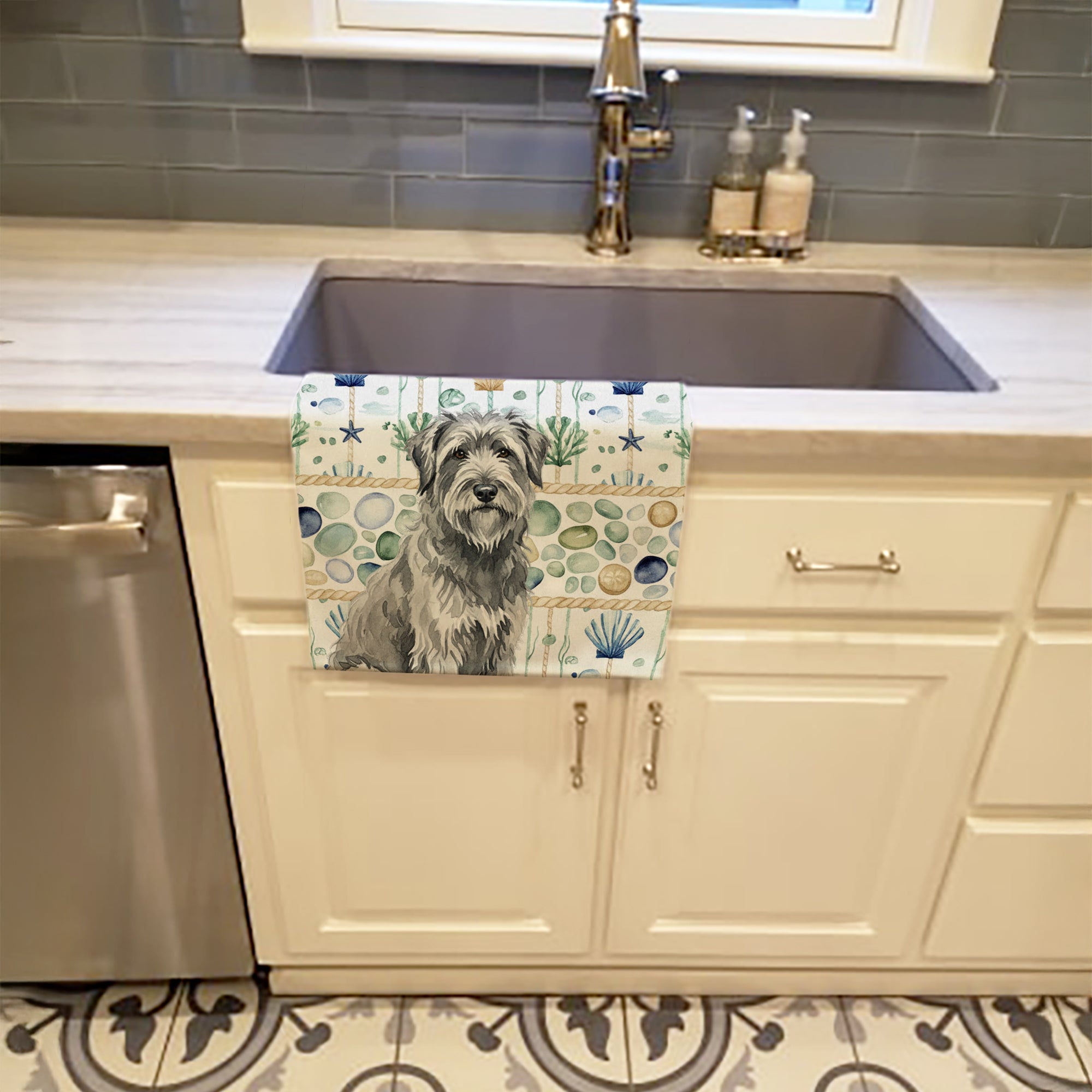 Gray Briard Coastal Sea Glass Kitchen Towel Velour Plush Front and Cotton Loop Back Machine Washable