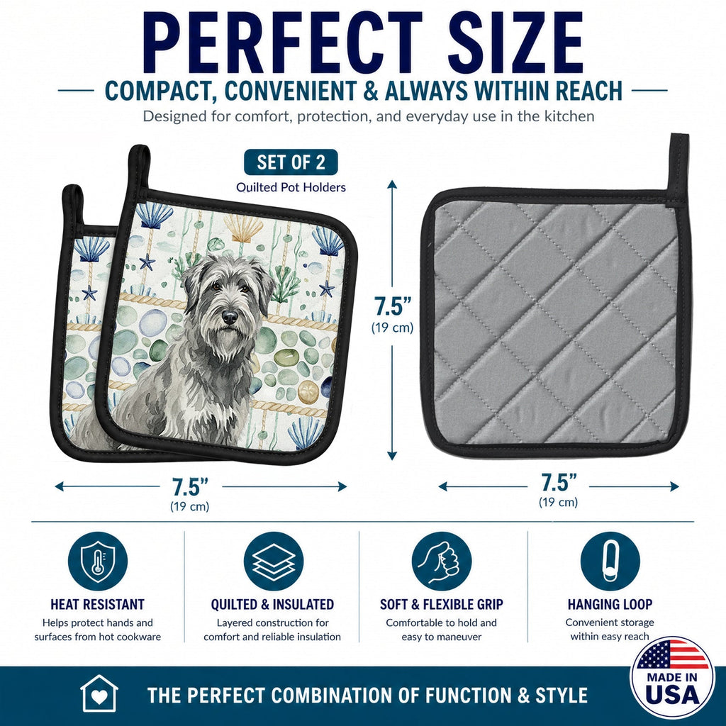 Gray Briard Coastal Sea Glass Pot Holder Set of 2 Heat Resistant Quilted Hot Pads 7.5 x 7.5 Inch, Insulated Kitchen Trivets for Cooking & Baking