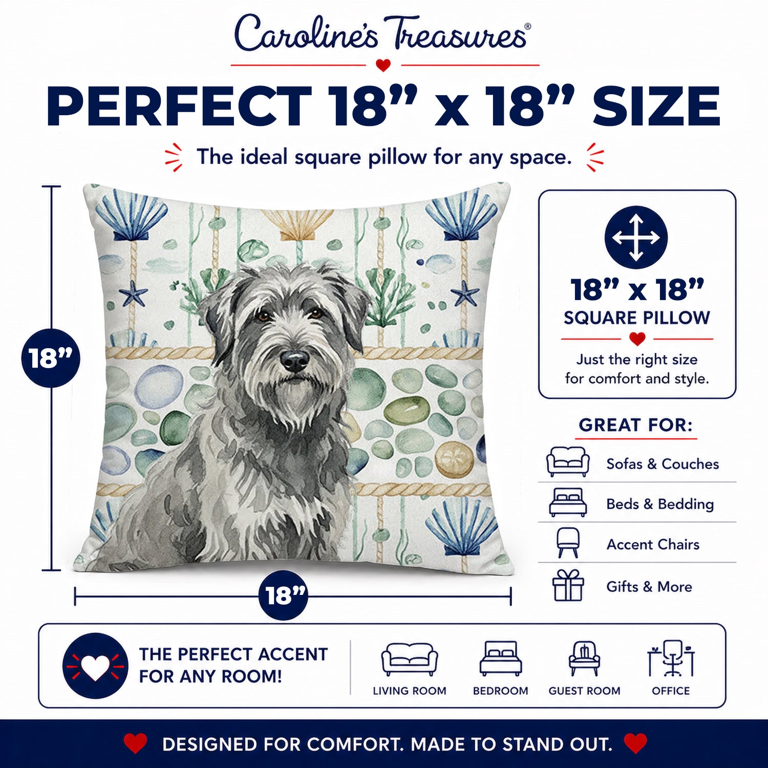 Gray Briard Coastal Sea Glass Decorative Throw Pillow 18x18 Indoor Outdoor Accent Cushion, Fabric Cover with Insert for Sofa, Bed, Porch & Living Room
