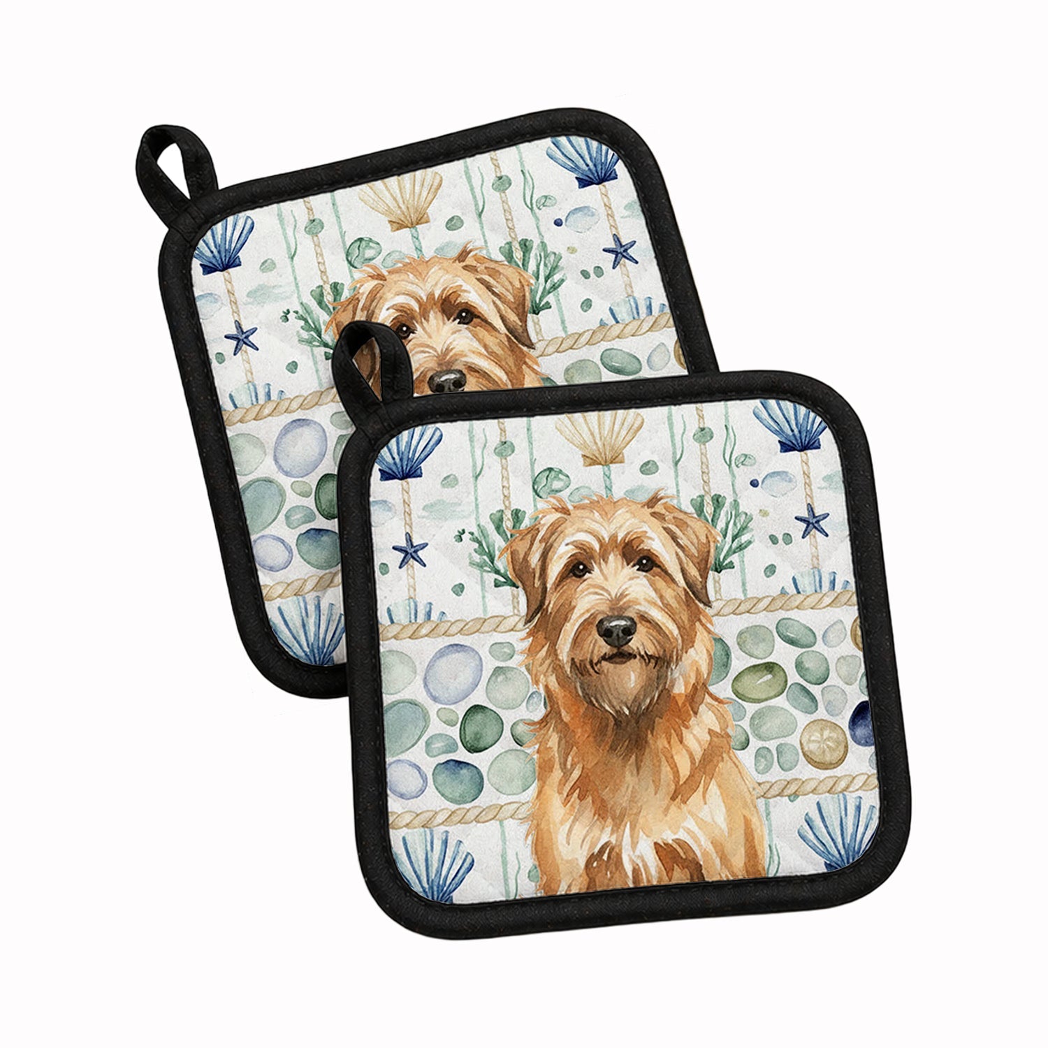 Tawny Briard Coastal Sea Glass Pot Holder Set of 2 Heat Resistant Quilted Hot Pads 7.5 x 7.5 Inch, Insulated Kitchen Trivets for Cooking & Baking