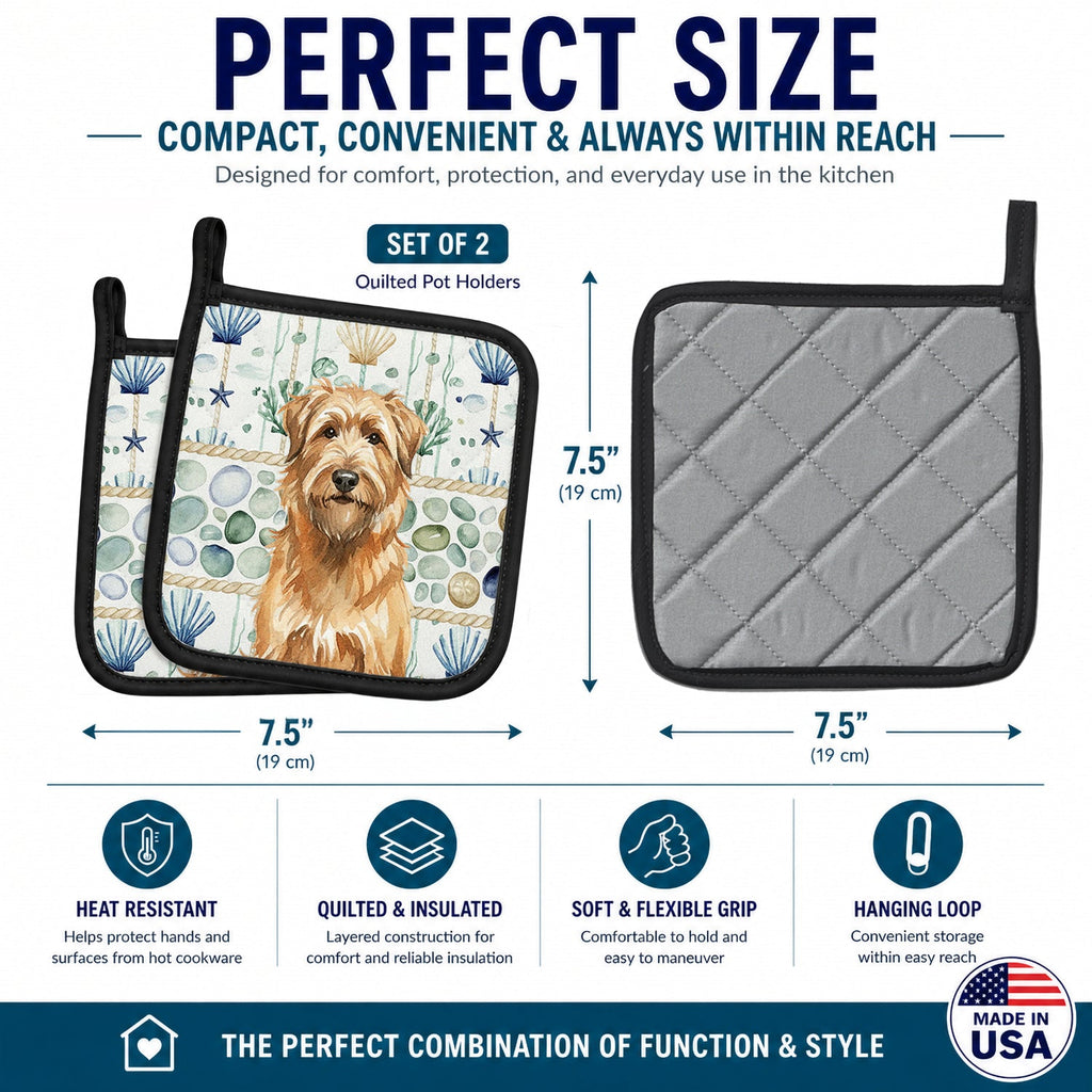Tawny Briard Coastal Sea Glass Pot Holder Set of 2 Heat Resistant Quilted Hot Pads 7.5 x 7.5 Inch, Insulated Kitchen Trivets for Cooking & Baking