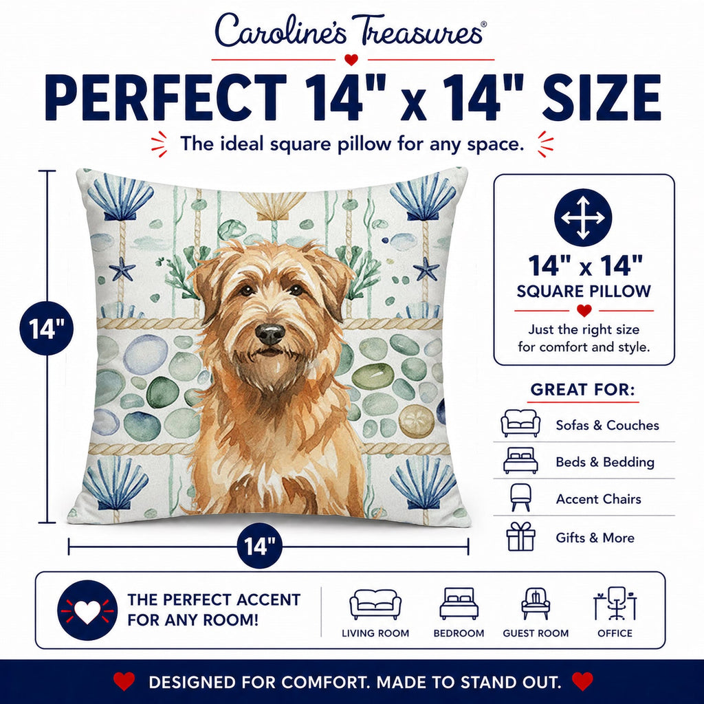 Tawny Briard Coastal Sea Glass Decorative Throw Pillow 14x14 Indoor Outdoor Accent Cushion, Fabric Cover with Insert for Sofa, Bed, Porch & Living Room