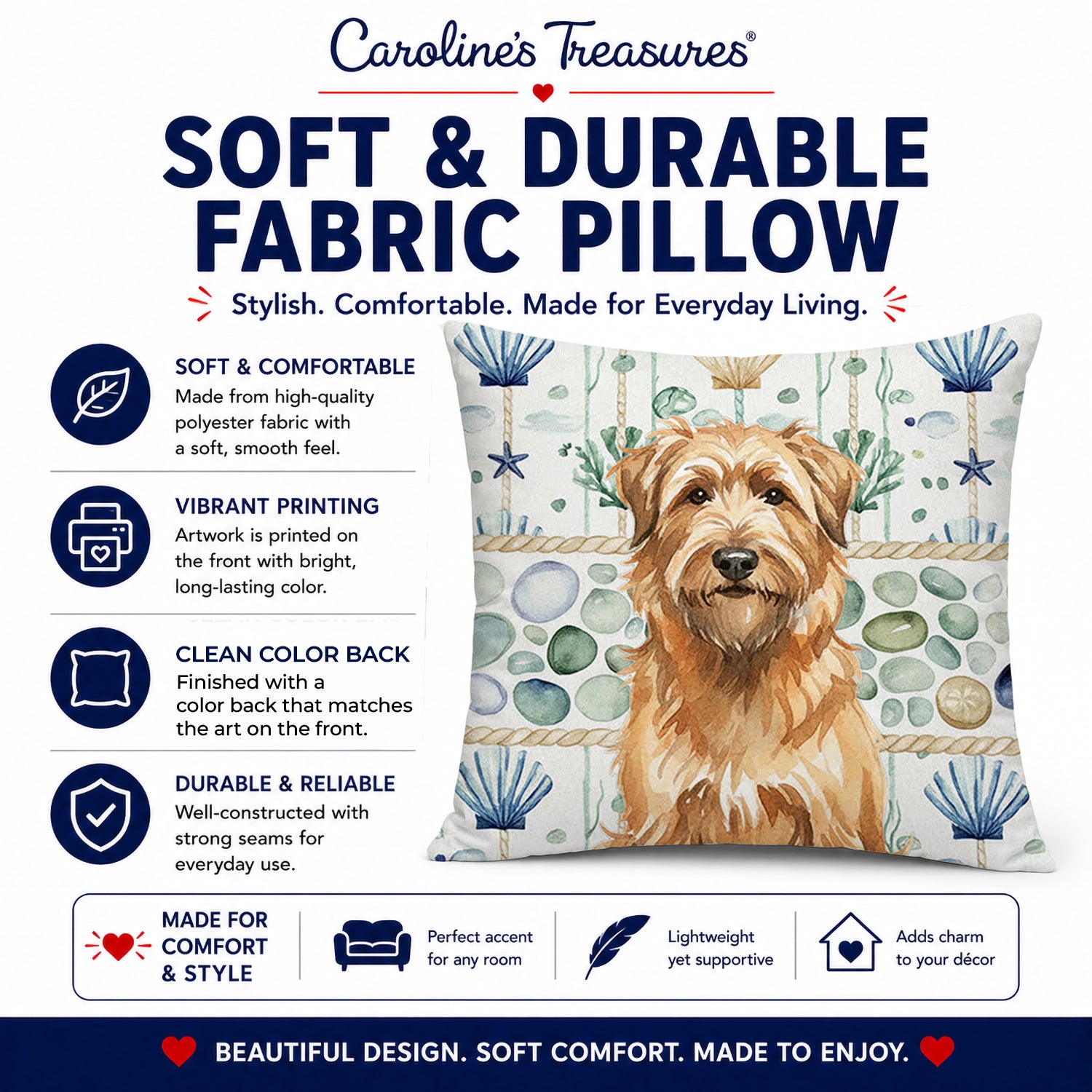 Tawny Briard Coastal Sea Glass Decorative Throw Pillow 18x18 Indoor Outdoor Accent Cushion, Fabric Cover with Insert for Sofa, Bed, Porch & Living Room