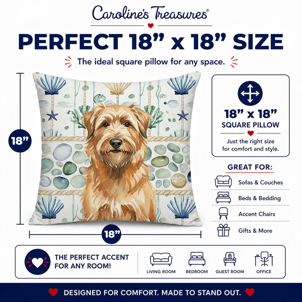 Tawny Briard Coastal Sea Glass Decorative Throw Pillow 18x18 Indoor Outdoor Accent Cushion, Fabric Cover with Insert for Sofa, Bed, Porch & Living Room