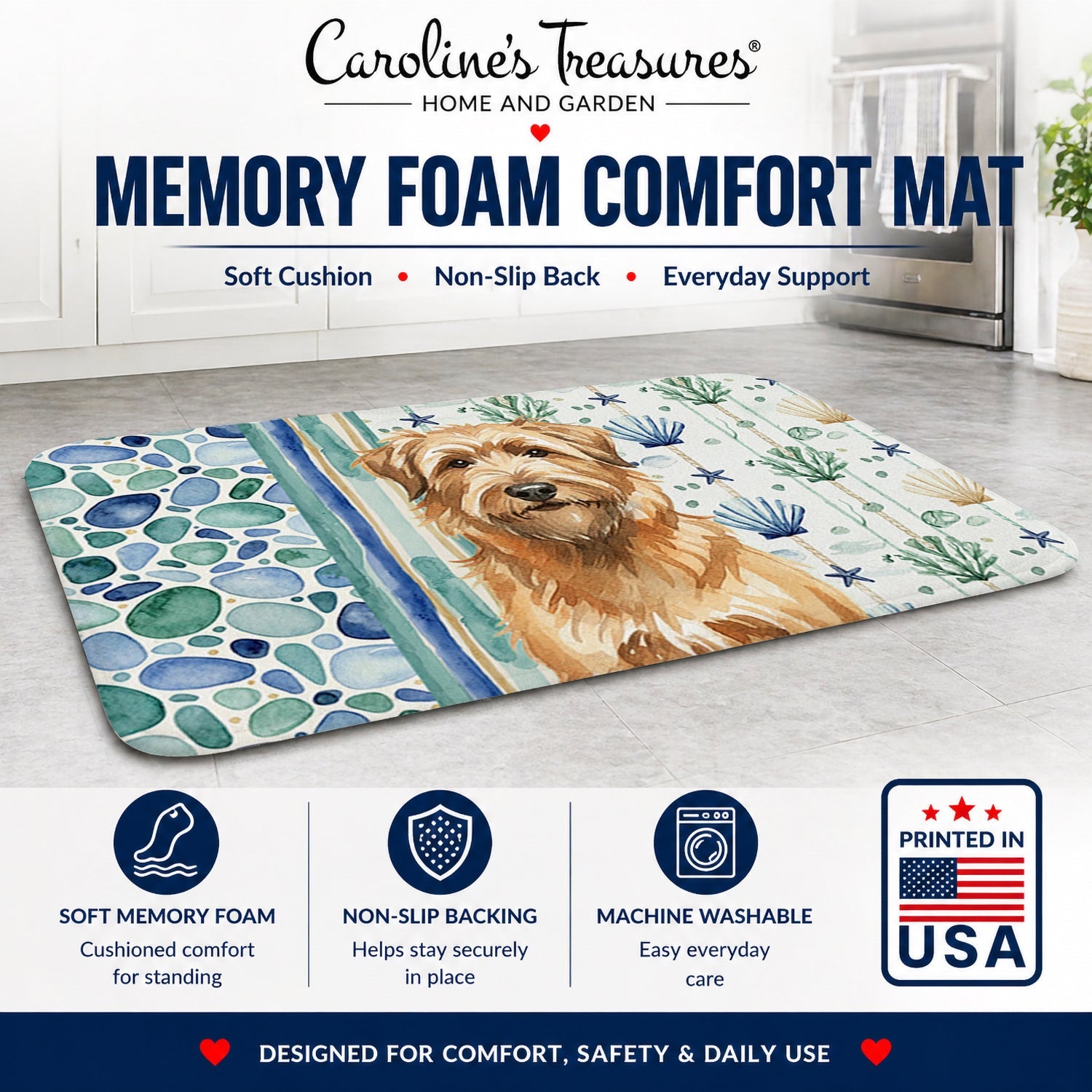 Tawny Briard Coastal Sea Glass Memory Foam Kitchen Mat Machine Washable Anti-Fatigue Cushion Comfort Bath or Kitchen Rug