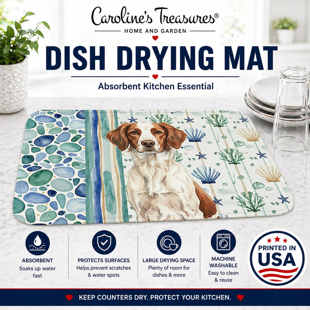 Liver and White Brittany Coastal Sea Glass Dish Drying Mat Absorbent Dish Drying Mat Pad for Kitchen Counter Dish Drainer Mat for Countertop, 14 x 21", Multicolor