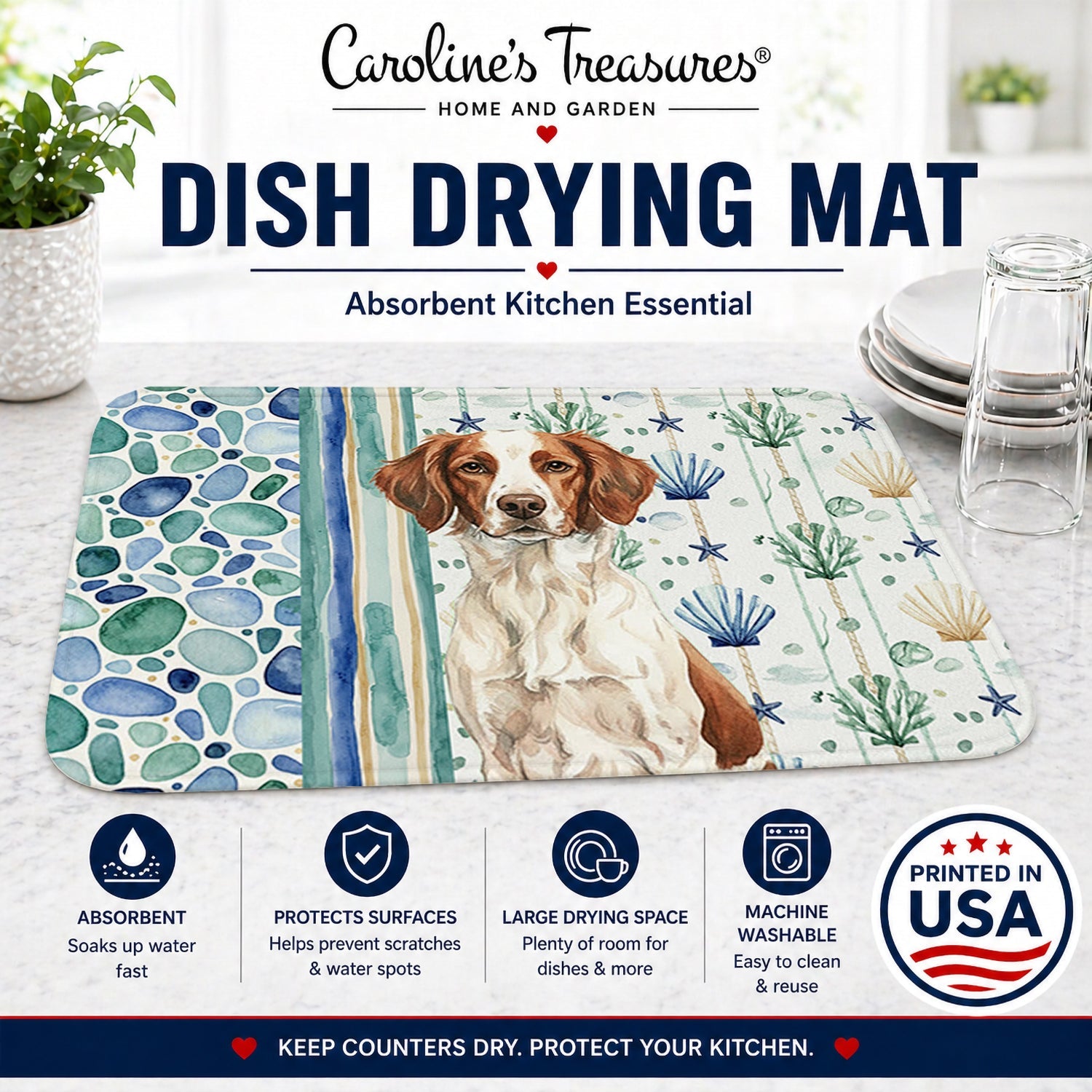 Liver and White Brittany Coastal Sea Glass Dish Drying Mat Absorbent Dish Drying Mat Pad for Kitchen Counter Dish Drainer Mat for Countertop, 14 x 21", Multicolor