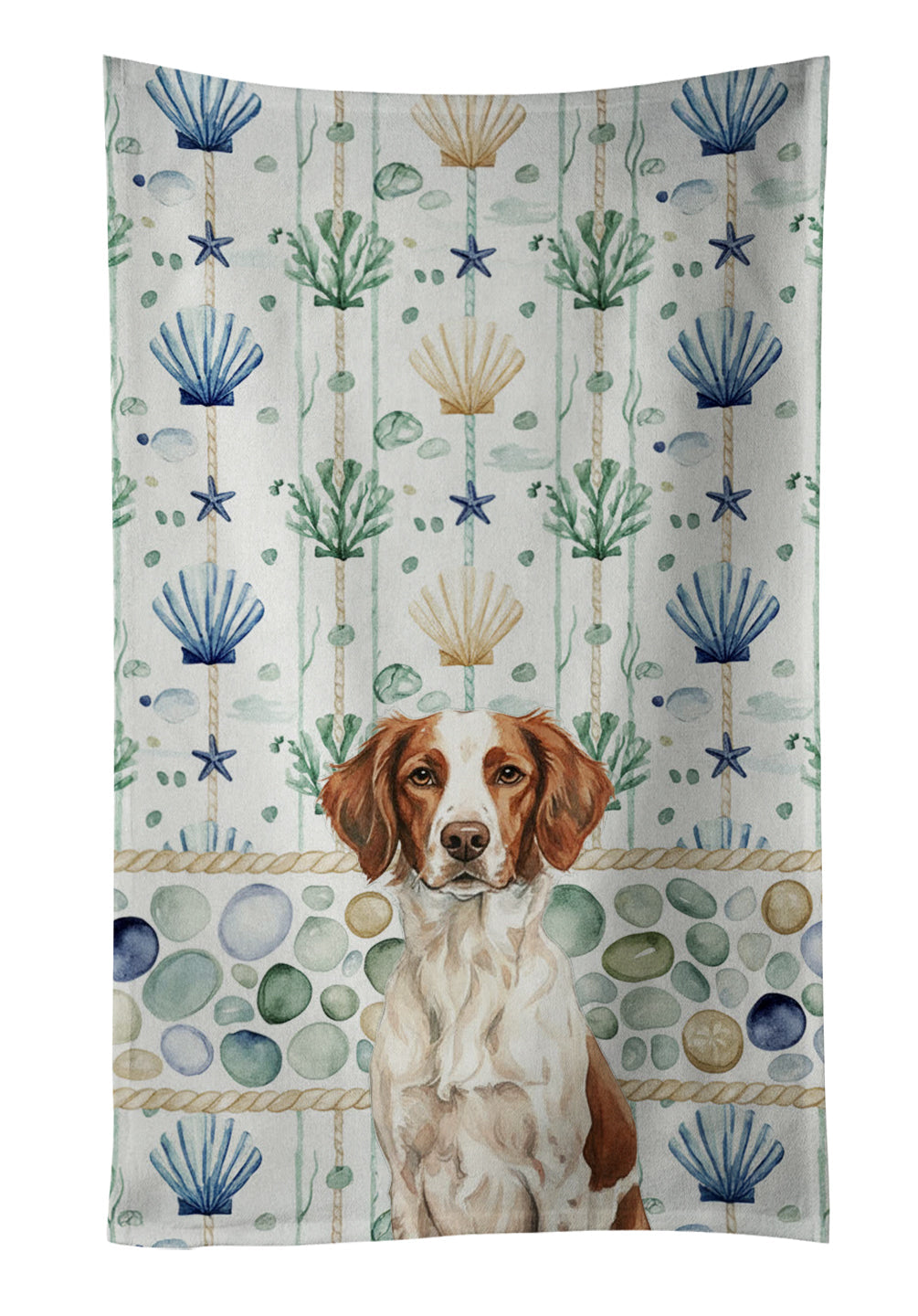 Liver and White Brittany Coastal Sea Glass Kitchen Towel Velour Plush Front and Cotton Loop Back Machine Washable