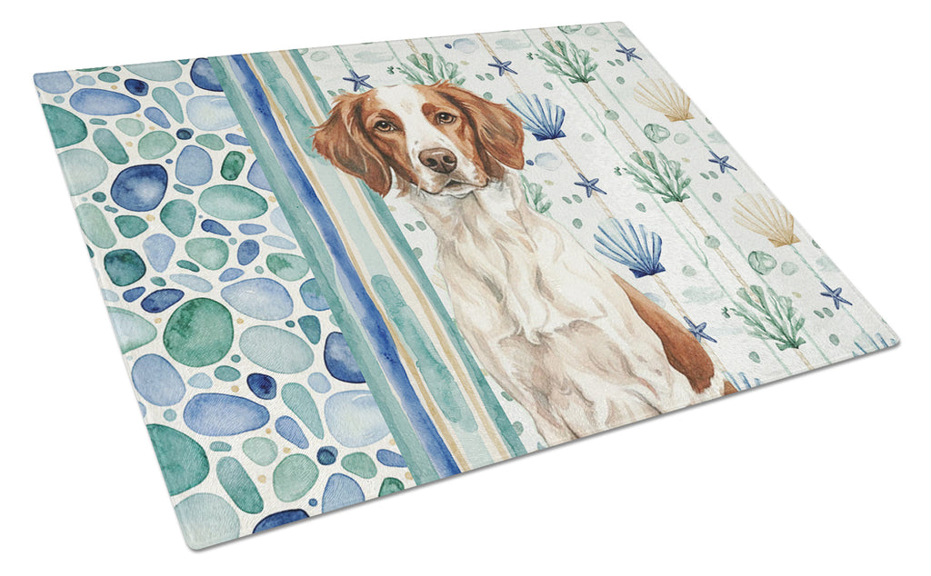 Liver and White Brittany Coastal Sea Glass Cutting Board Tempered Glass Kitchen Cutting Surface, Heat Resistant Chopping, Non-Slip Feet, Food Prep & Serving