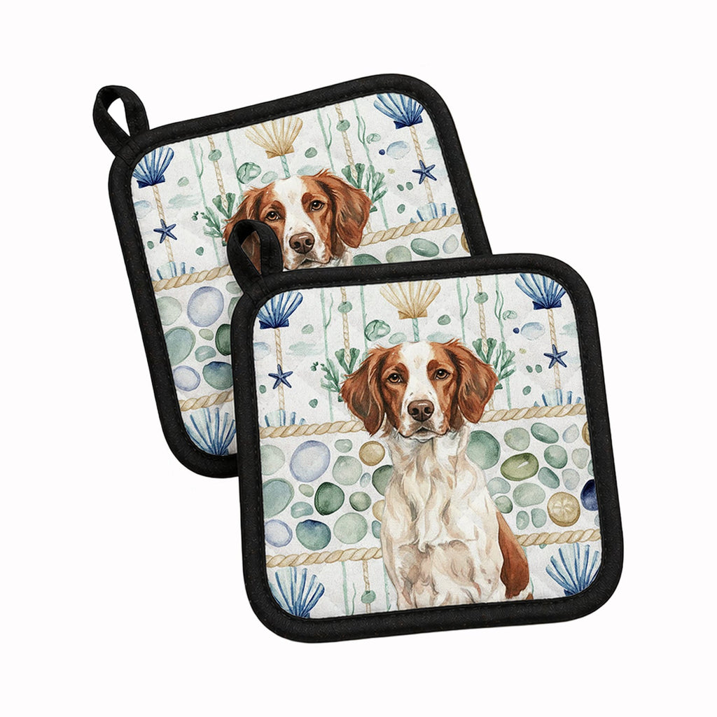 Liver and White Brittany Coastal Sea Glass Pot Holder Set of 2 Heat Resistant Quilted Hot Pads 7.5 x 7.5 Inch, Insulated Kitchen Trivets for Cooking & Baking