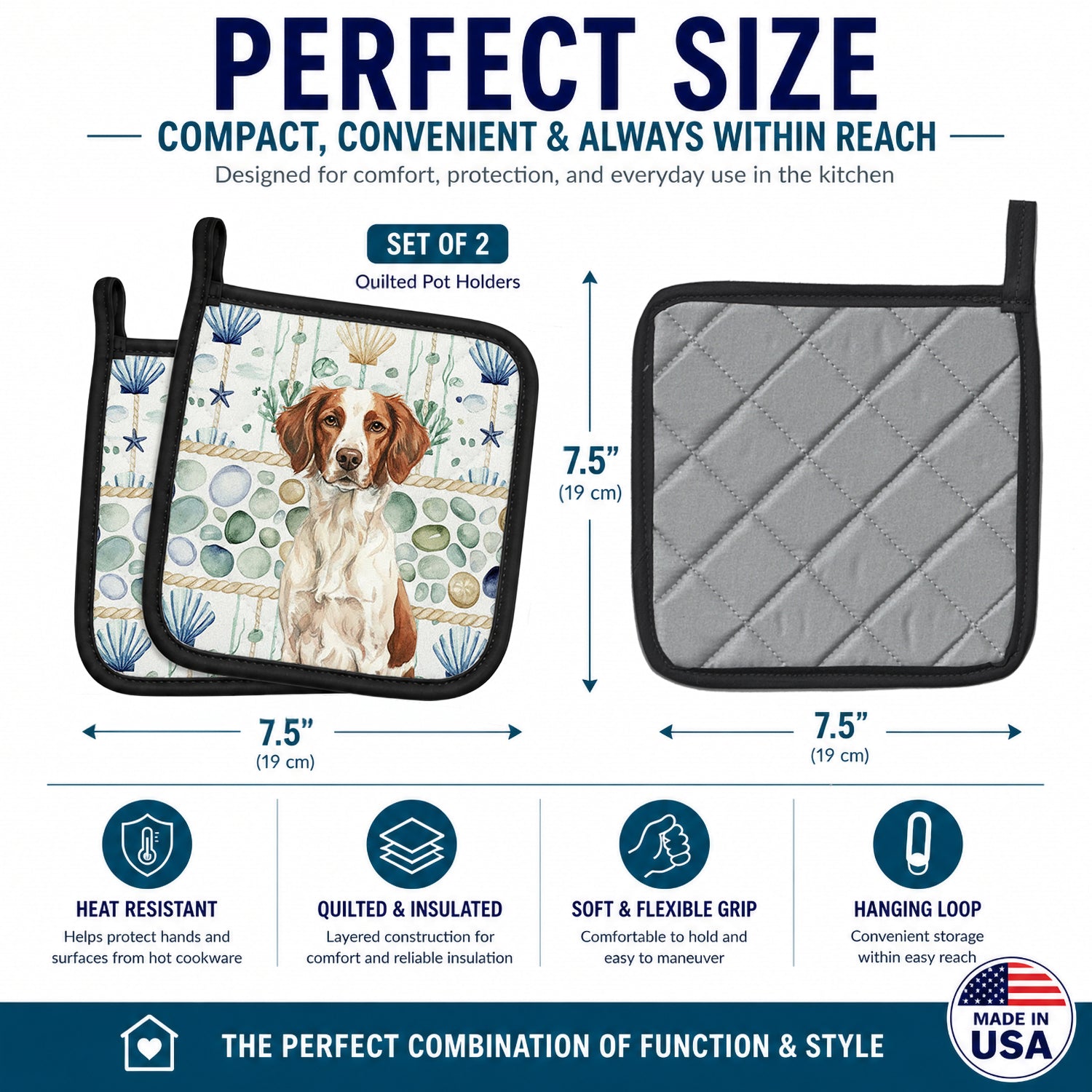 Liver and White Brittany Coastal Sea Glass Pot Holder Set of 2 Heat Resistant Quilted Hot Pads 7.5 x 7.5 Inch, Insulated Kitchen Trivets for Cooking & Baking